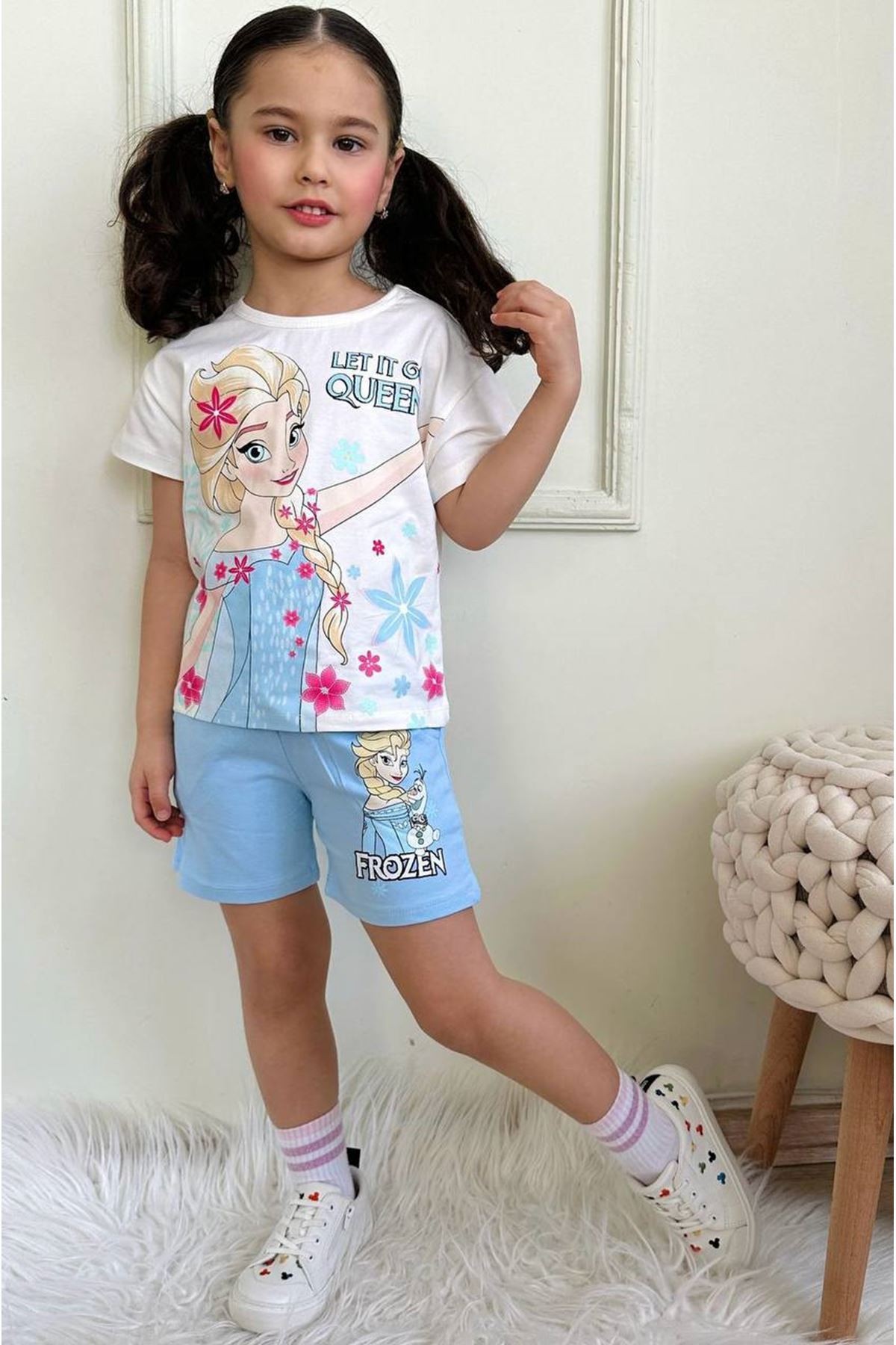 PJKSKT Frouzen Elsa Desenli Mavi Şortlu Kız Çocuk Kısa Kol Takım 7560-M