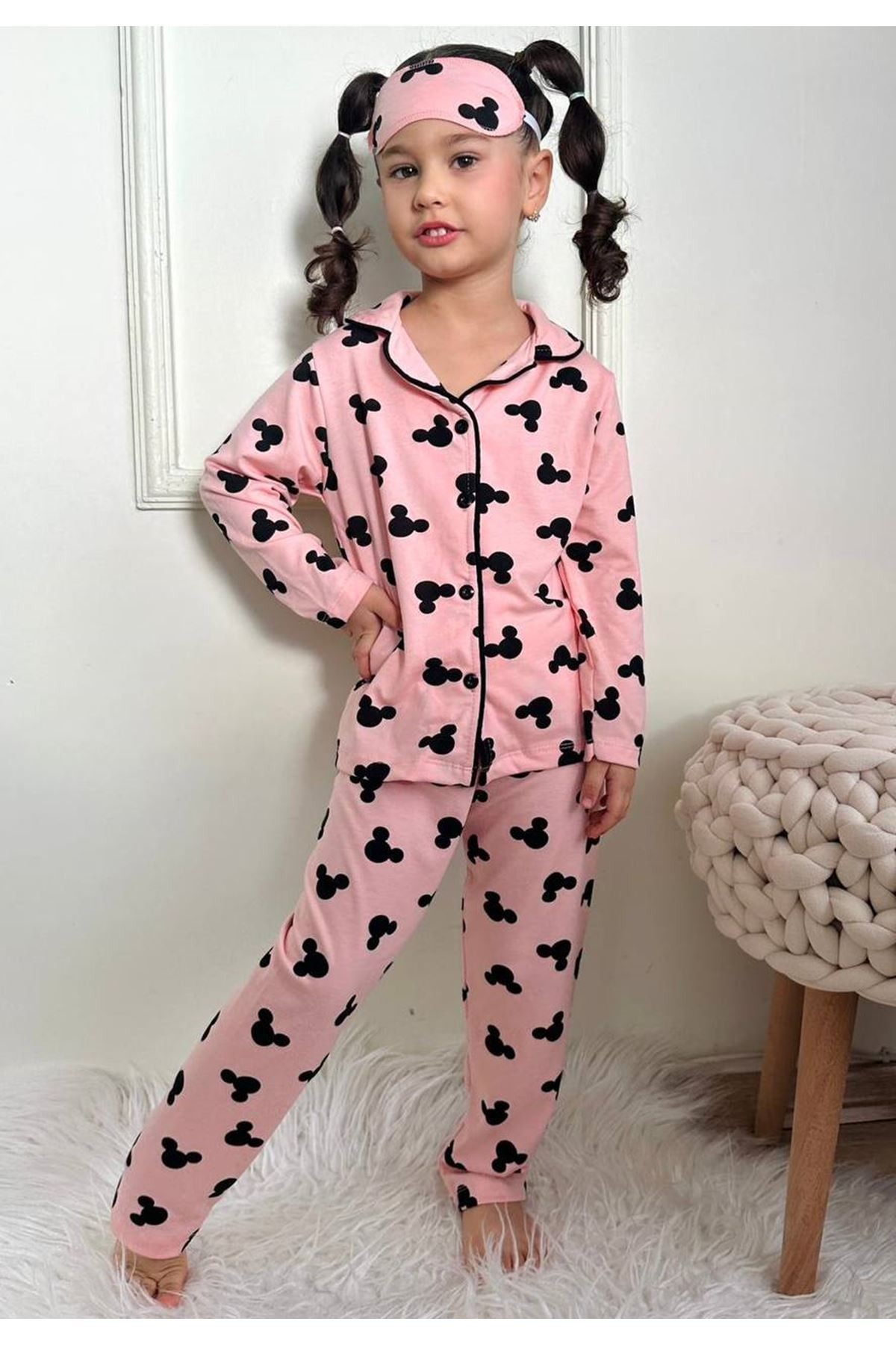 PJKÖ Minnie Mause Desenli Pudra Uzun Kollu Önden Düğmeli Kız Çocuk Pijama Takımı 4-12 Yaş 500U-P