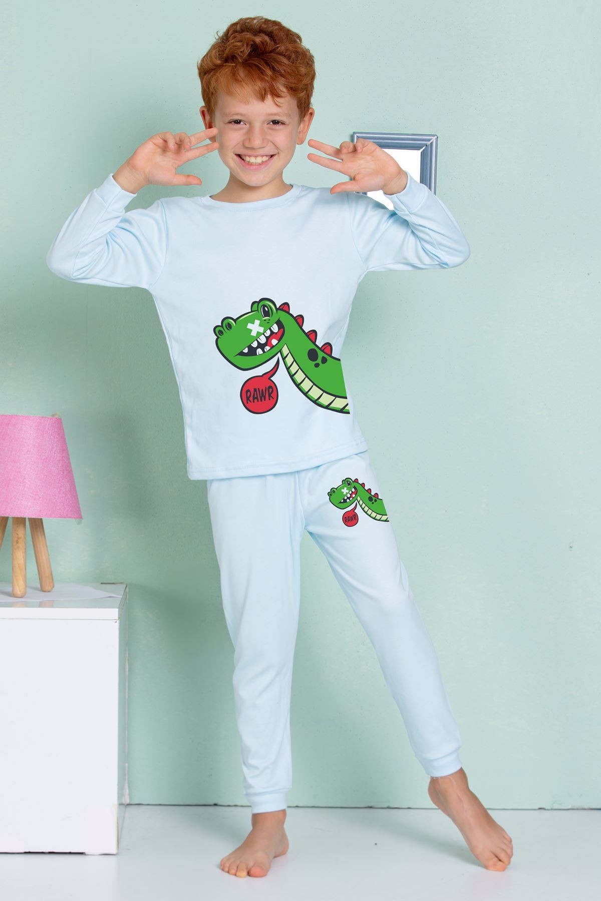 ELMP Dinazor Desenli %100 Pamuk Erkek Çocuk Pijama Takımı 1-13 Yaş 3065