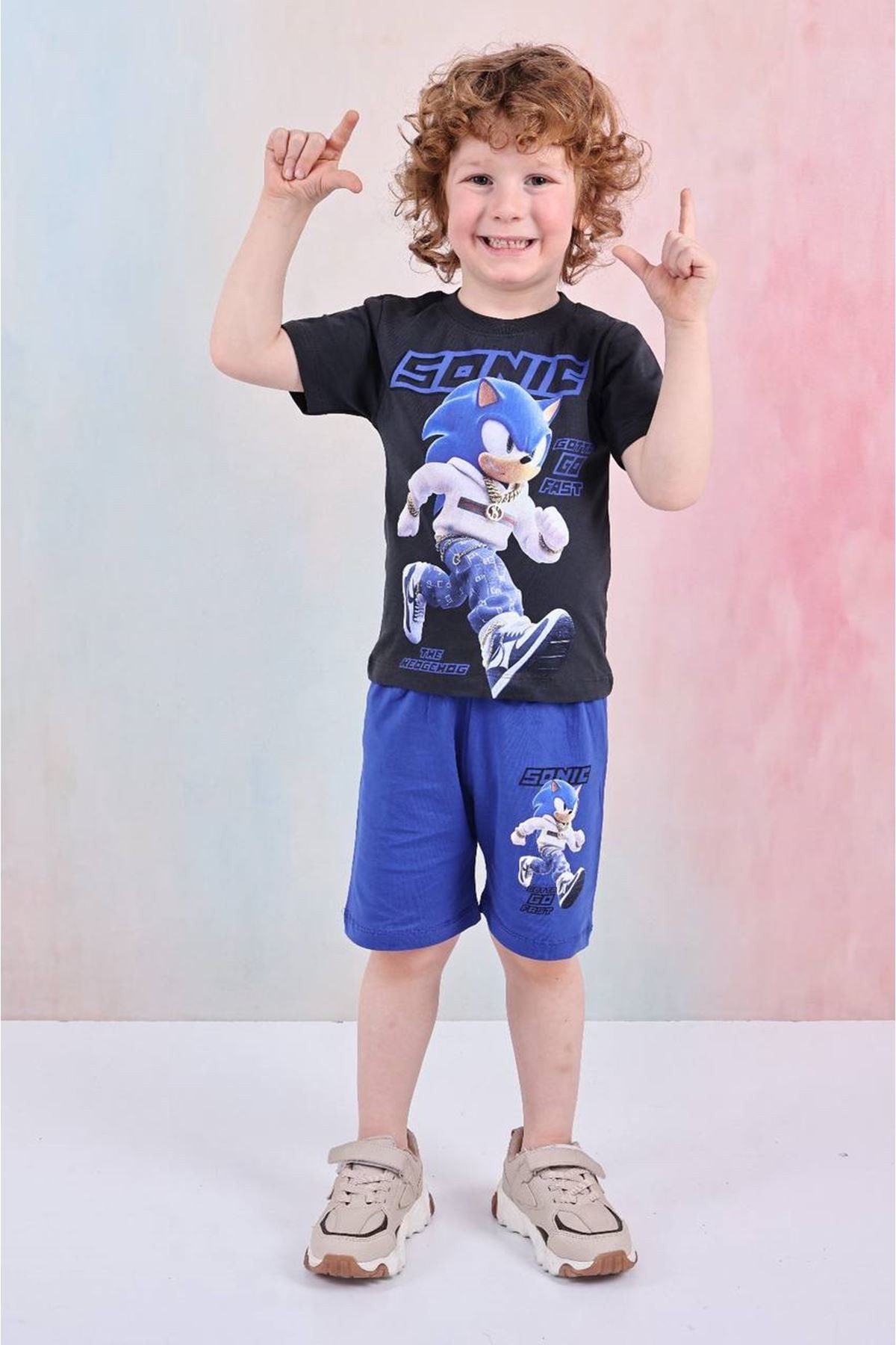 PJKSKT Sonic Desenli Saks Mavisi Şortlu Erkek Çocuk Kısa Kol Takım 7613-S