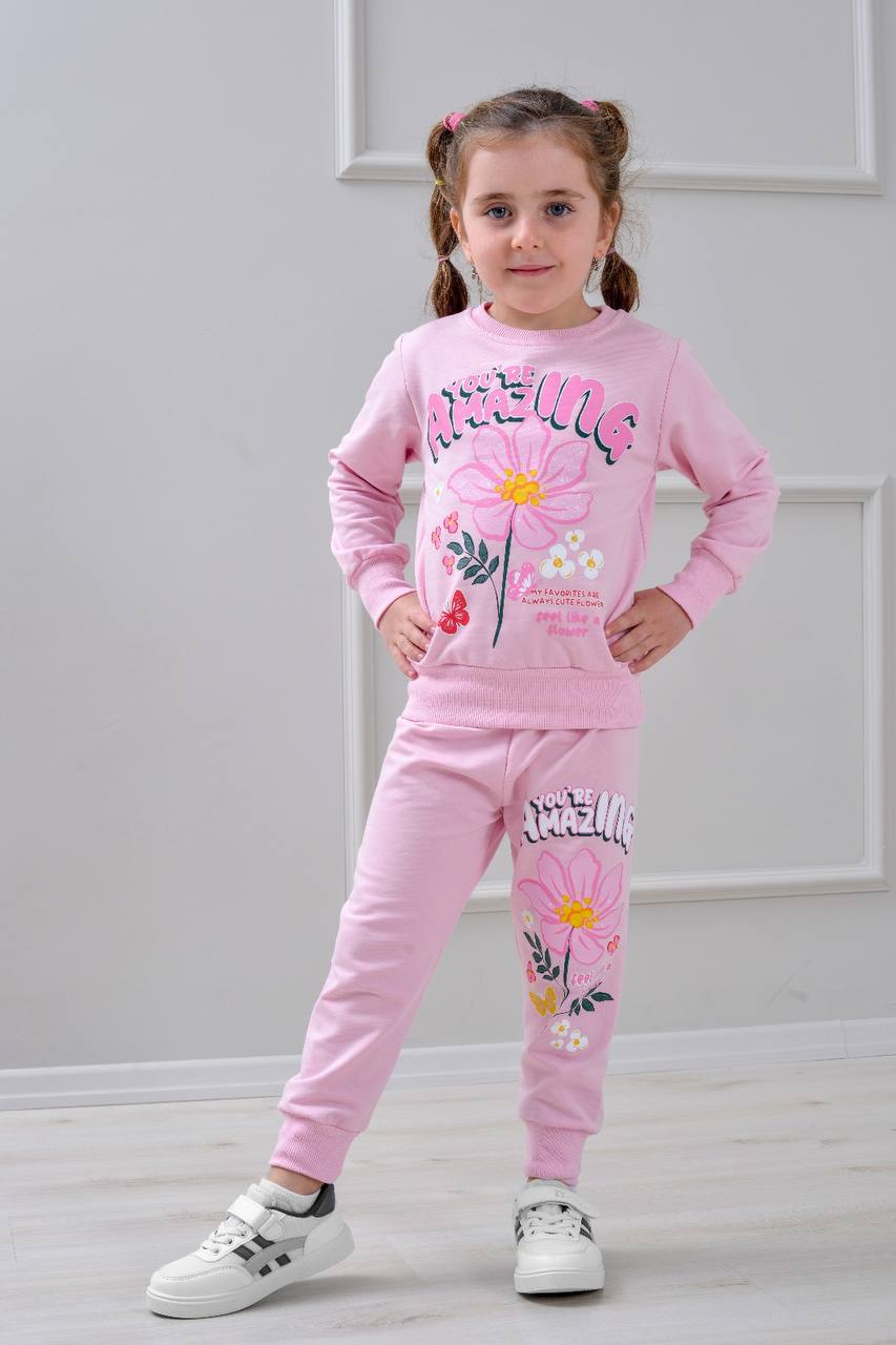 PJK2İ Amazıng Çiçek Desenli 2 İp %100 Pamuk Kız Çocuk Eşofman Takımı 3-10 Yaş 6411 - PEMBE