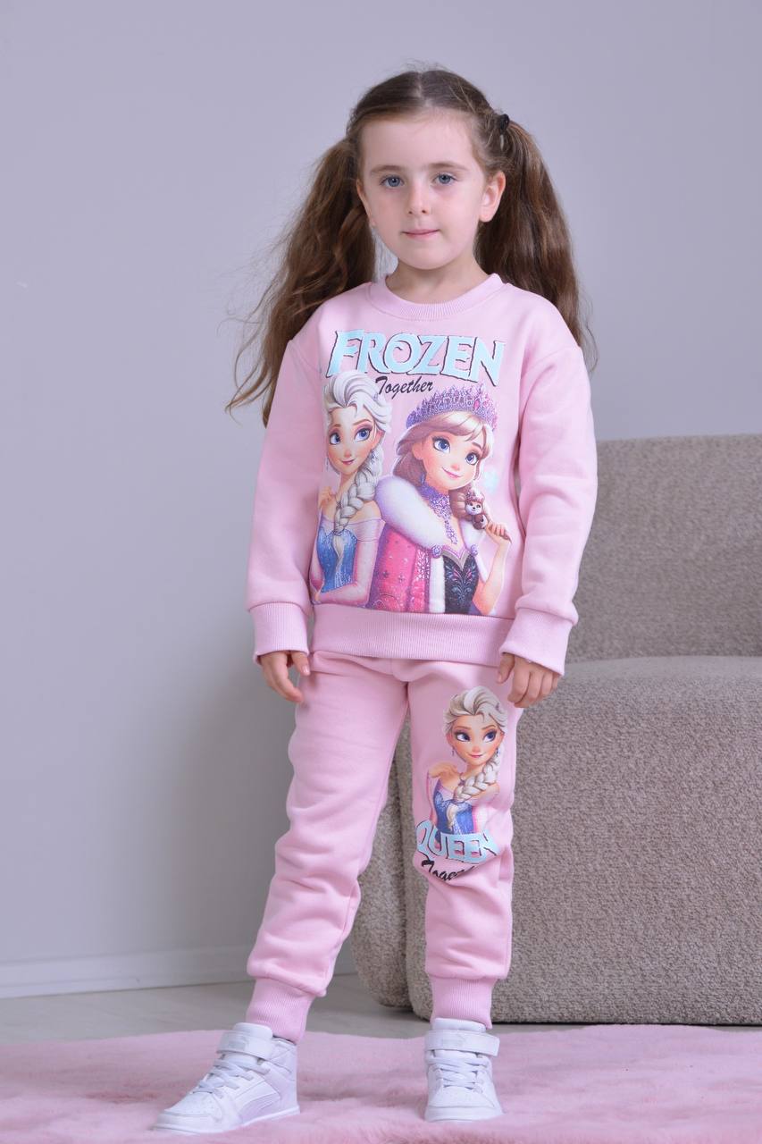 PJK3İ Frou Kız Desenli 3 İp Şardonlu %100 Pamuk Kız Çocuk Eşofman Takımı 3-10 Yaş 8257 - PEMBE