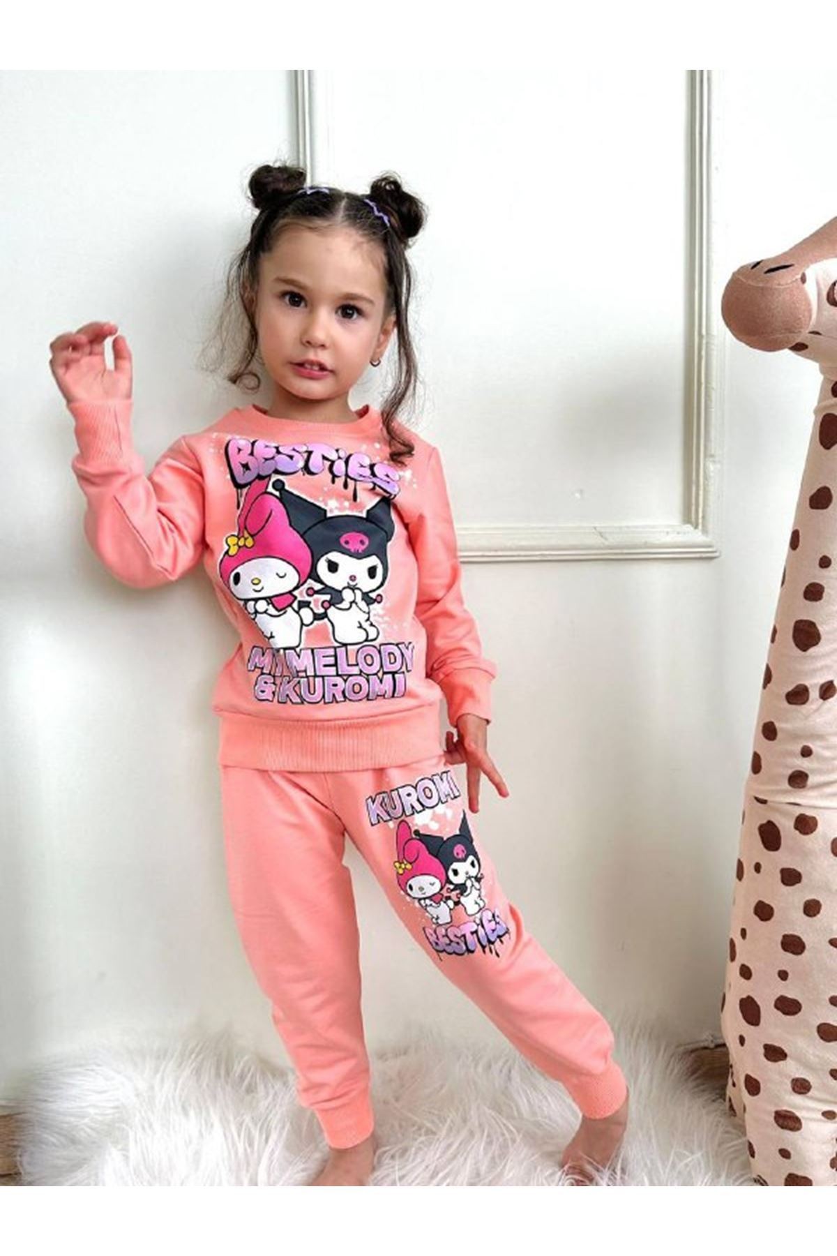 2PJK2İ Kuromi Desenli Somon 2 İp %100 Pamuk Kız Çocuk Eşofman Takımı 3-10 Yaş 7278-S
