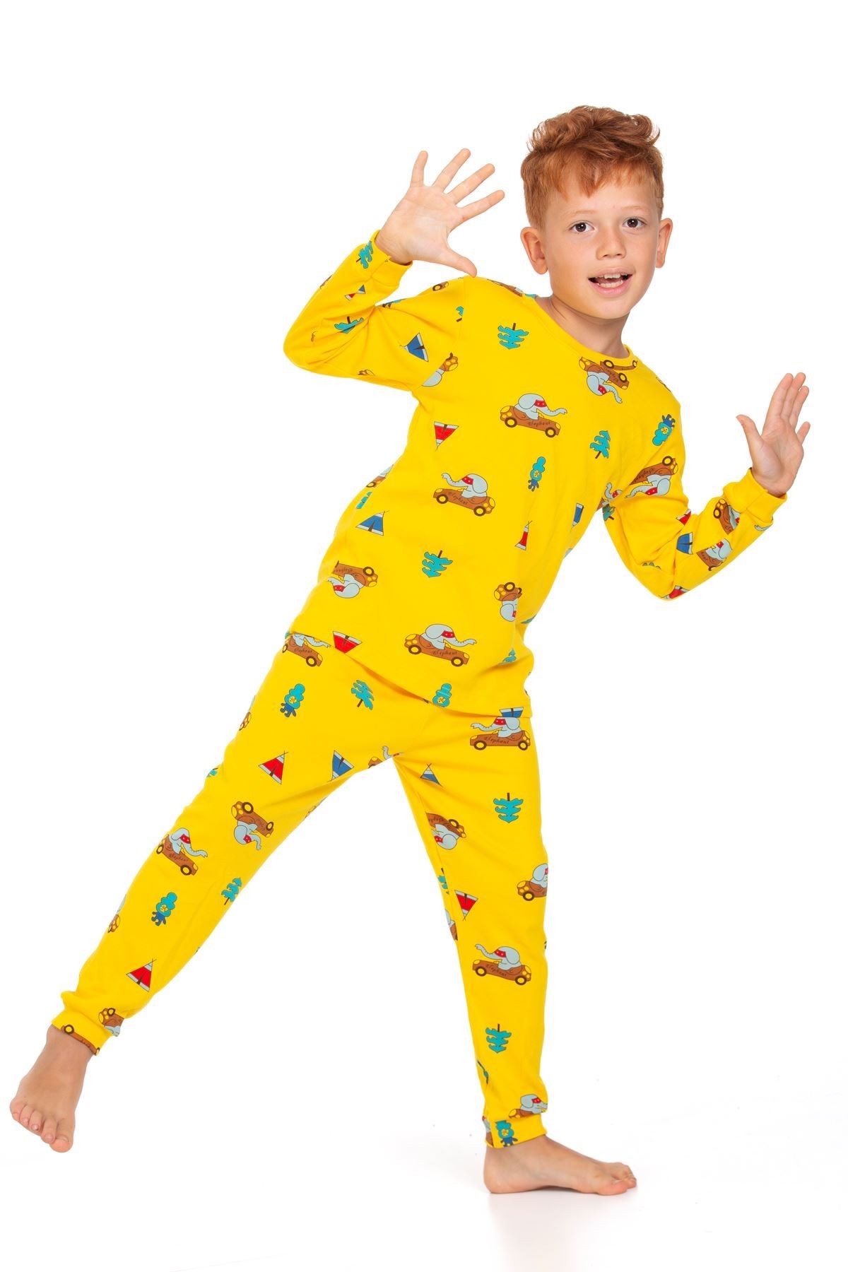 ELMP Sarı Arabalı Fil Desenli %100 Pamuk Erkek Çocuk Pijama Takımı 1-13 Yaş 3053