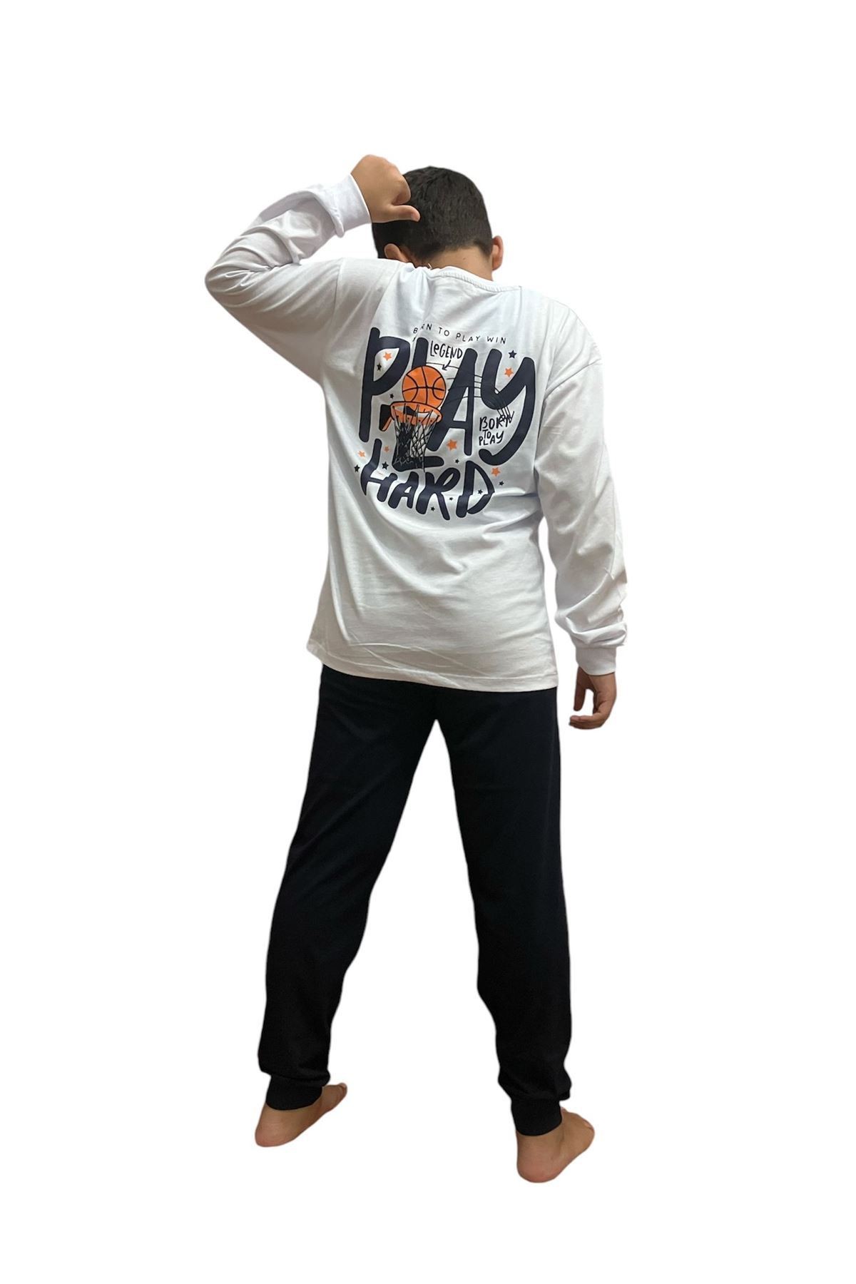 İSOB Beyaz Lacivert Basketbol Desenli %100 Pamuk Erkek Çocuk Pijama Takımı 8-13 Yaş 36202-BS