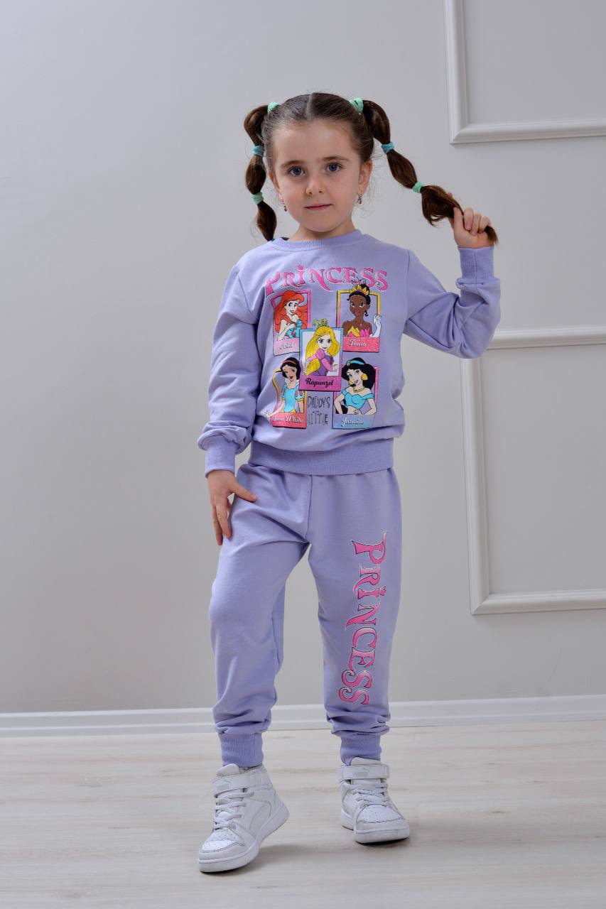PJK2İ Prensesler Desenli 2 İp %100 Pamuk Kız Çocuk Eşofman Takımı 3-10 Yaş 6410 - LİLA