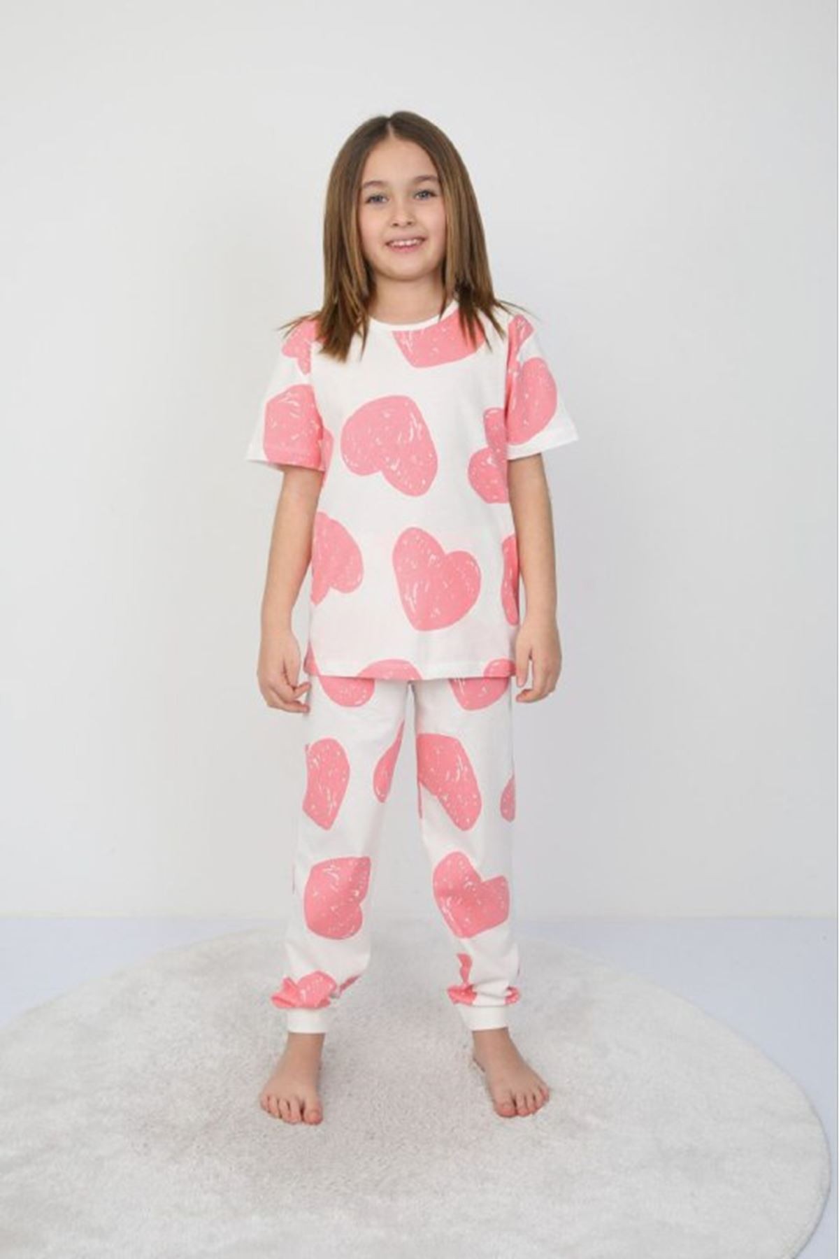 İSOB Pembe Kalp Desenli %100 Pamuk Kız Çocuk Kısa Kollu Pijama Takımı 3-8 Yaş 41202-P