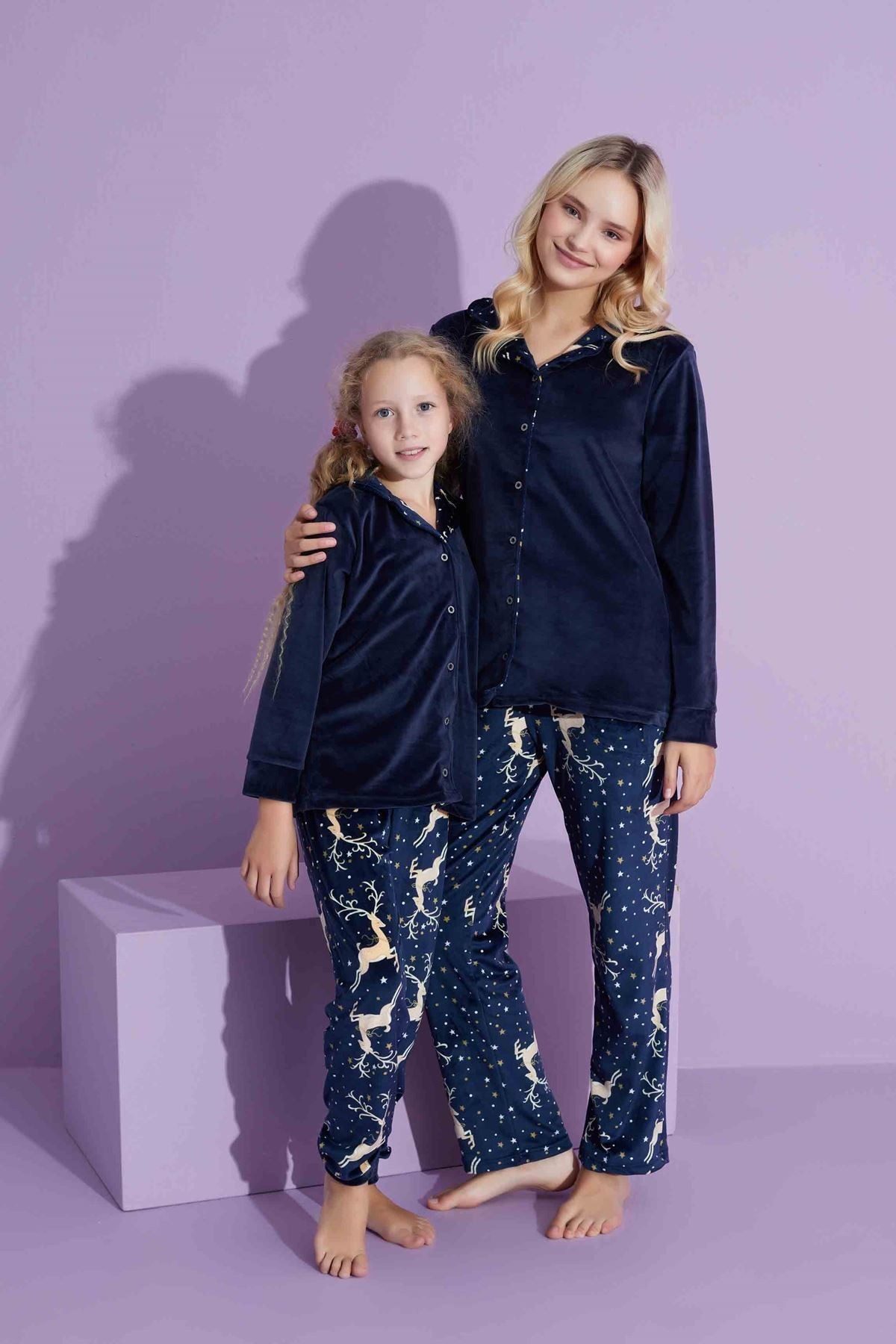 TARP Lacivert Kadife Önden Düğmeli Anne Pijama Takımı 6428-L