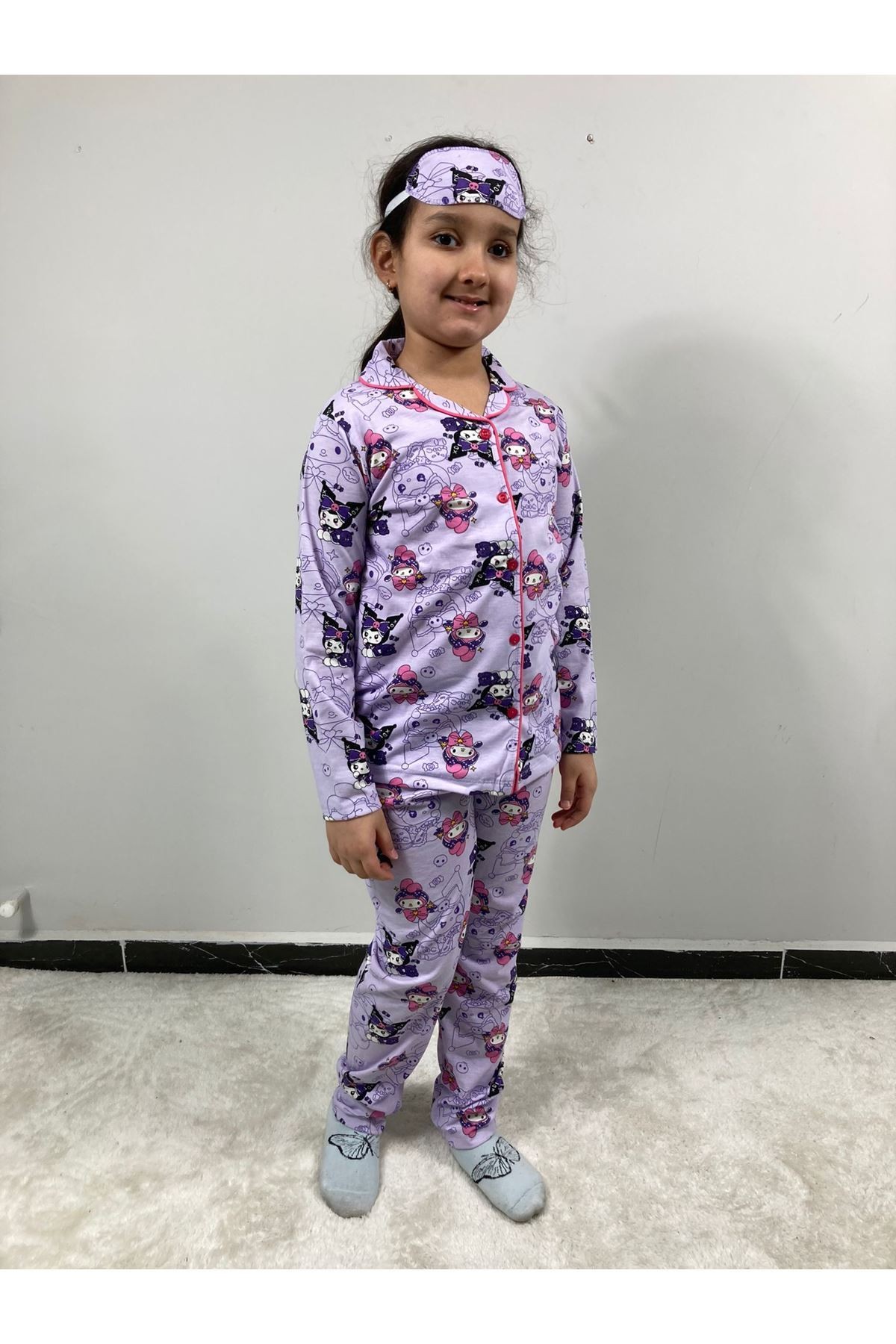 PJKÖ Kuromi ve Arkadaşları Desenli Lila Uzun Kollu Önden Düğmeli Kız Çocuk Pijama Takımı 4-12 Yaş 539U-L