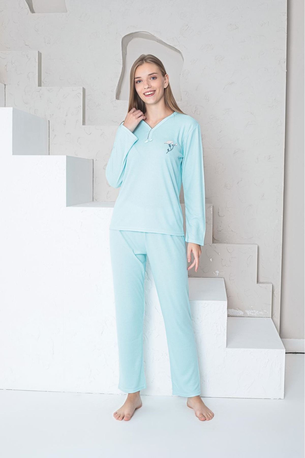 MLALE Maviş İnce Fitilli Raporlu İnterlok Bayan Pijama Takımı 5151-MA