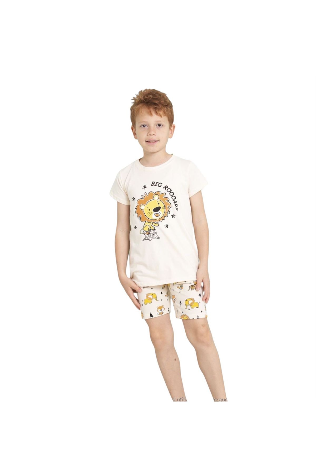 ELMKP Bej Arslan Desen Erkek Çocuk Şortlu Pijama Takımı 3-10 Yaş 3104-1