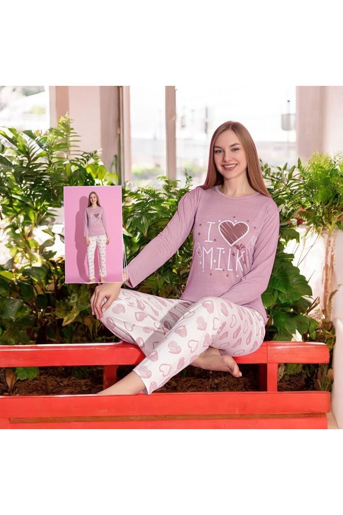 MLALE Pembe I Milk Desenli Suprem Kumaş Uzun Kollu Bayan Pijama Takımı 1459-P