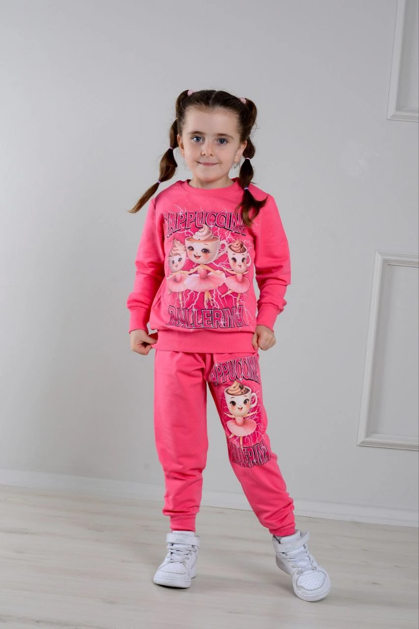 PJK2İ Cappuccına Desenli 2 İp %100 Pamuk Kız Çocuk Eşofman Takımı 3-10 Yaş 6412 - FUŞYA