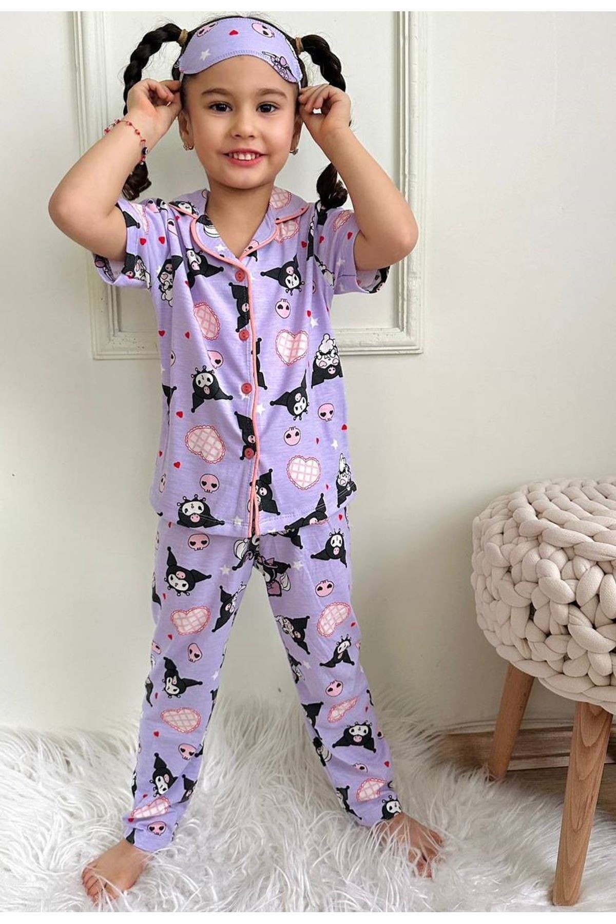 PJKÖ Kuromi Desenli Lila Kısa Kollu Önden Düğmeli Kız Çocuk Pijama Takımı 4-12 Yaş 501K-L