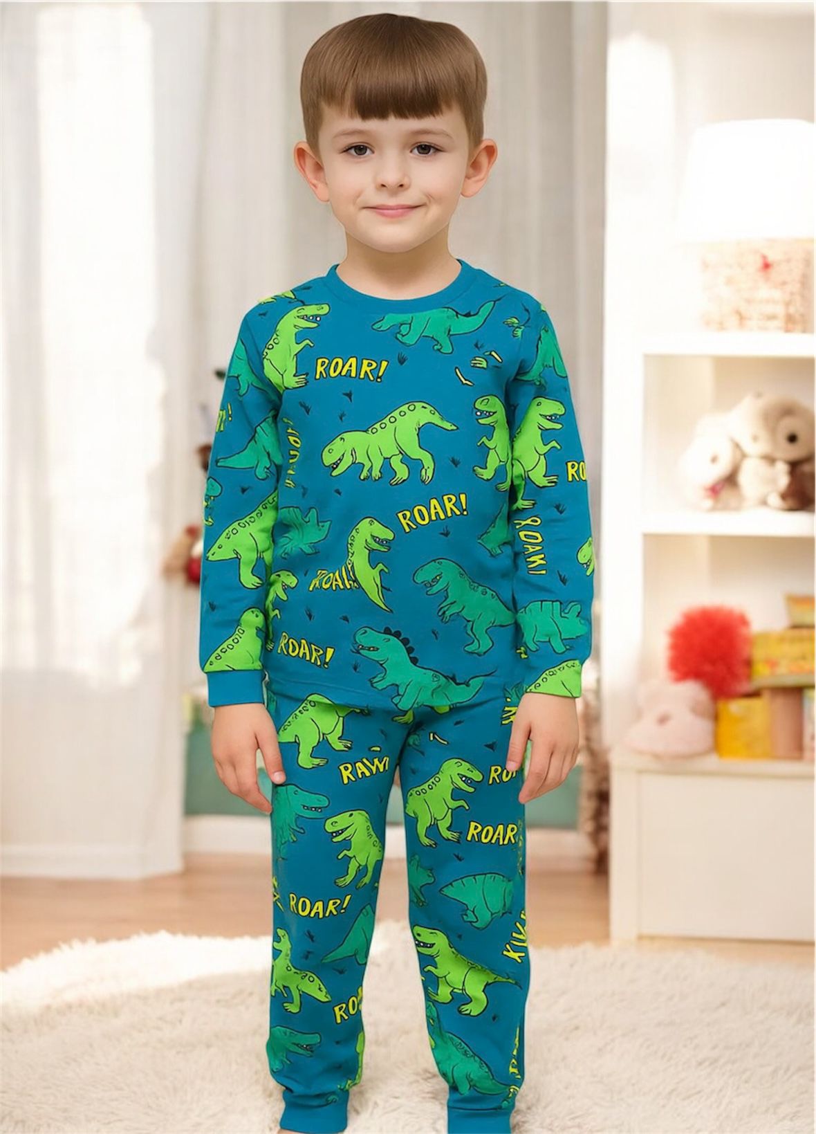 İSOB Dinozor Desenli %100 Pamuk Erkek Çocuk Pijama Takımı 3-13 Yaş 51321-51501