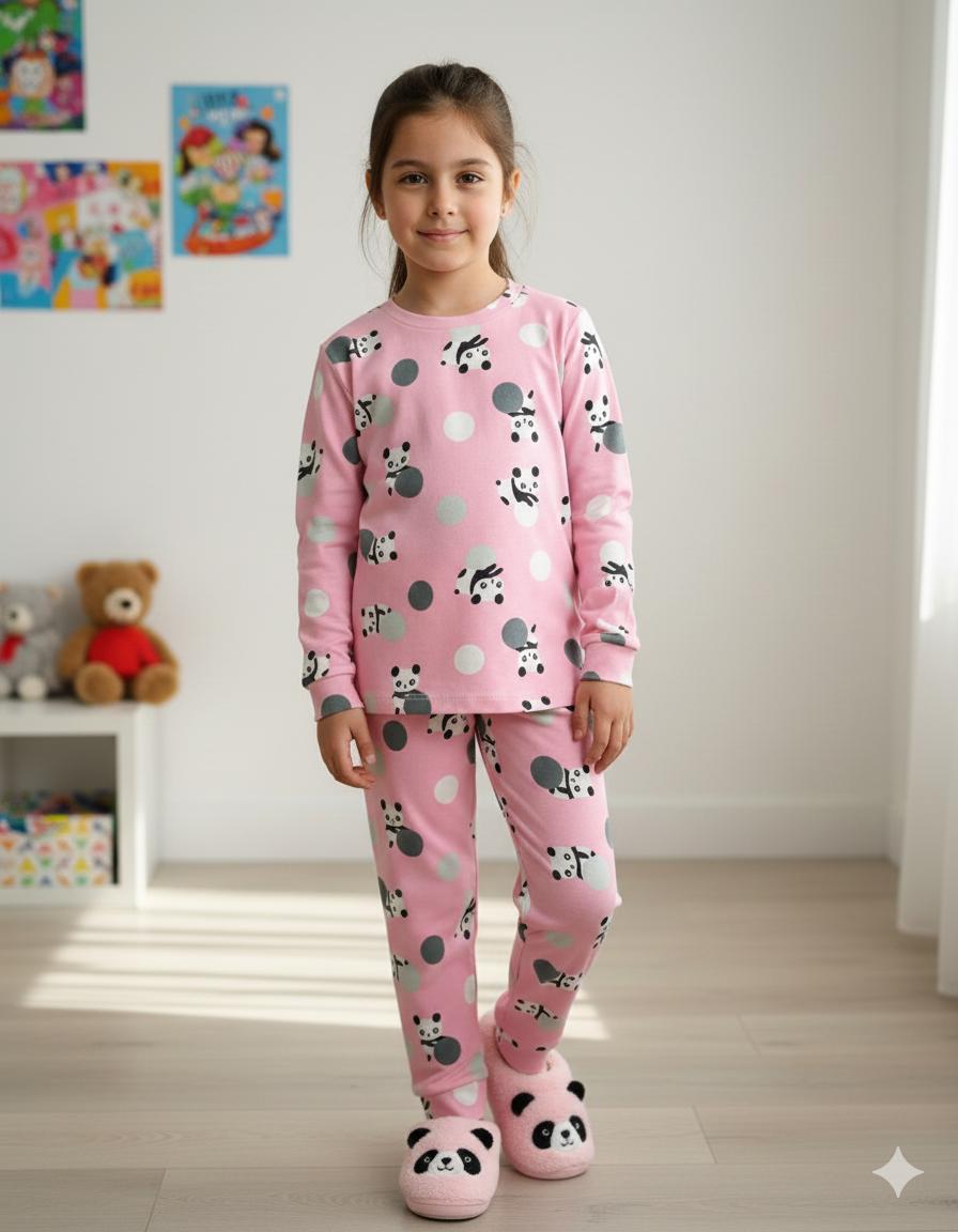 İSOB Pembe Panda Desenli İnterlok %100 Pamuk Kız Çocuk Pijama Takımı 3-8 Yaş 42011
