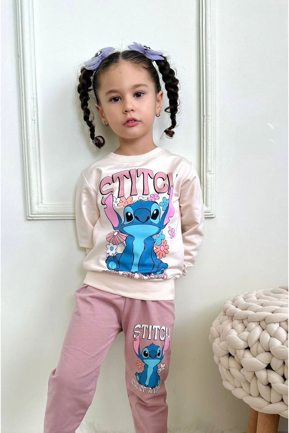 2PJK2İ Stitch Desenli Gül Kurusu 2 İp %100 Pamuk Kız Çocuk Eşofman Takımı 3-10 Yaş 7293-GK
