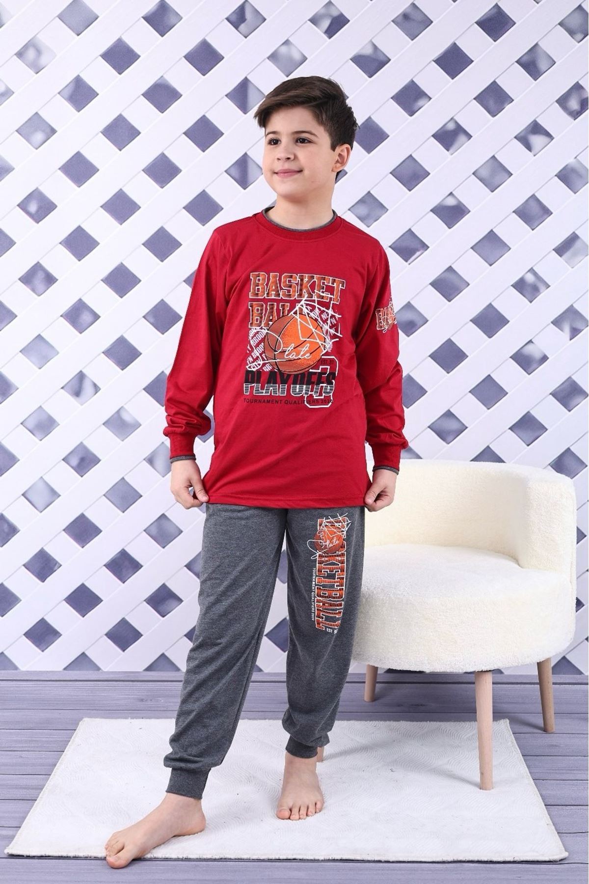 KAPİP Bordo Basket Baskılı Uzun Kollu Erkek Çocuk Pijama Takımı 11-15 Yaş 7017-B