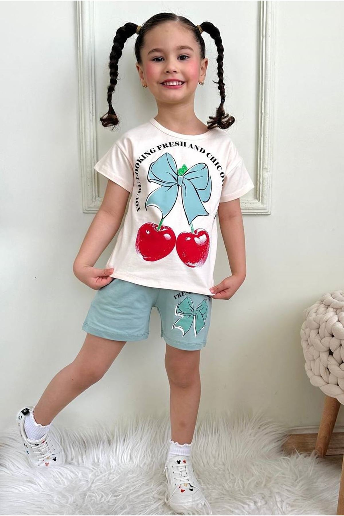 PJKSKT Kiraz Desenli Yeşil Şortlu Kız Çocuk Kısa Kol Takım 7625-Y