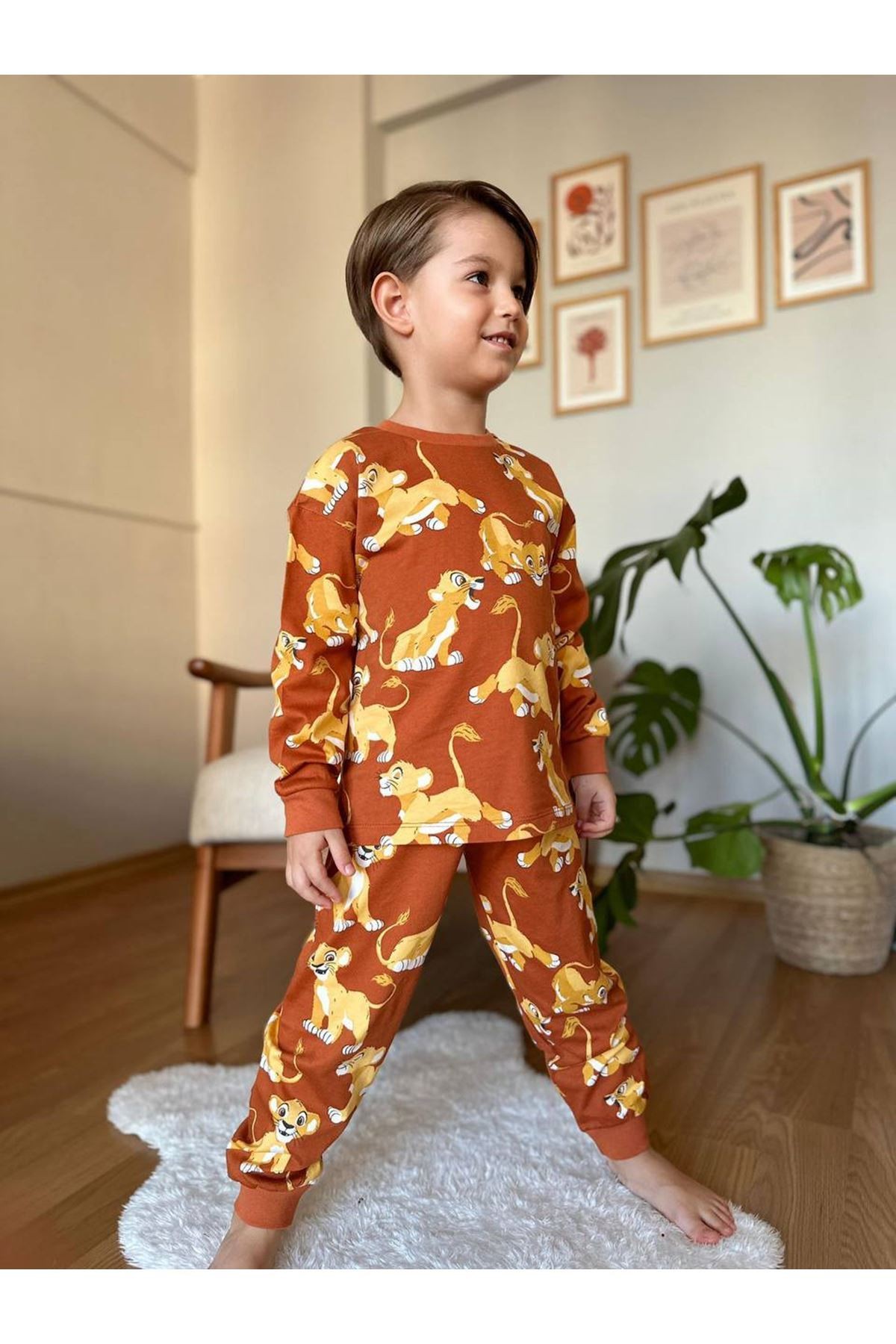 KÇKP Kaplan Desenli Kahverengi %100 Pamuk Erkek Çocuk Pijama Takımı 3-10 Yaş 3121-K