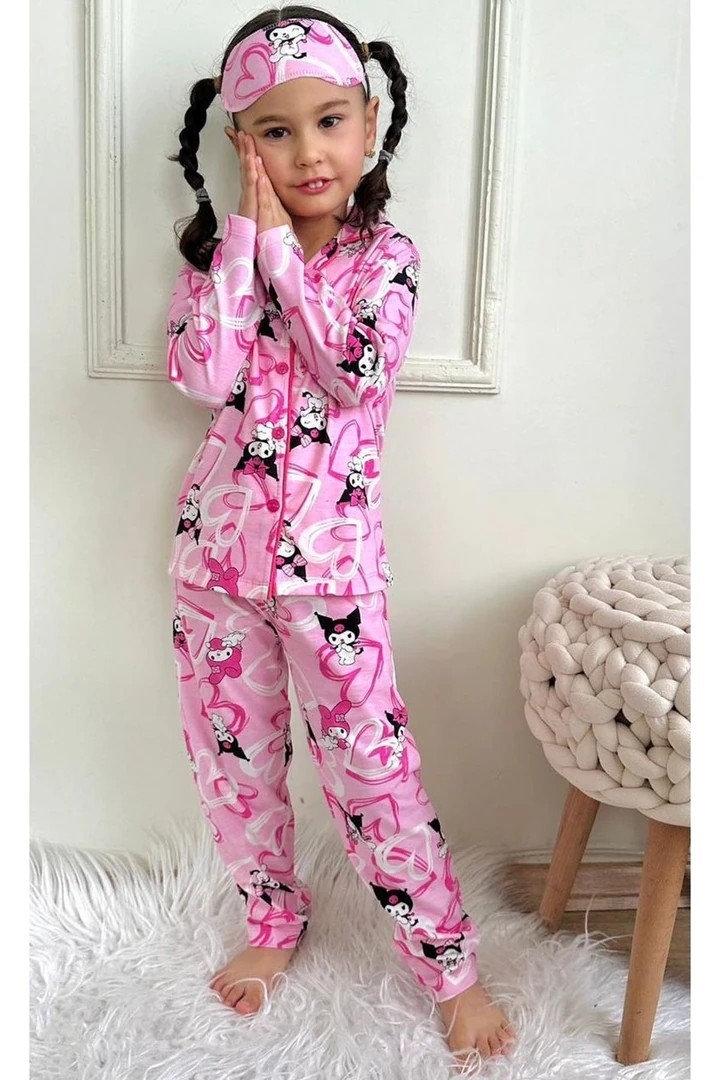 PJKÖ Kuromi Desen Pembe Uzun Kollu Önden Düğmeli Kız Çocuk Pijama Takımı 4-12 Yaş 537U-P