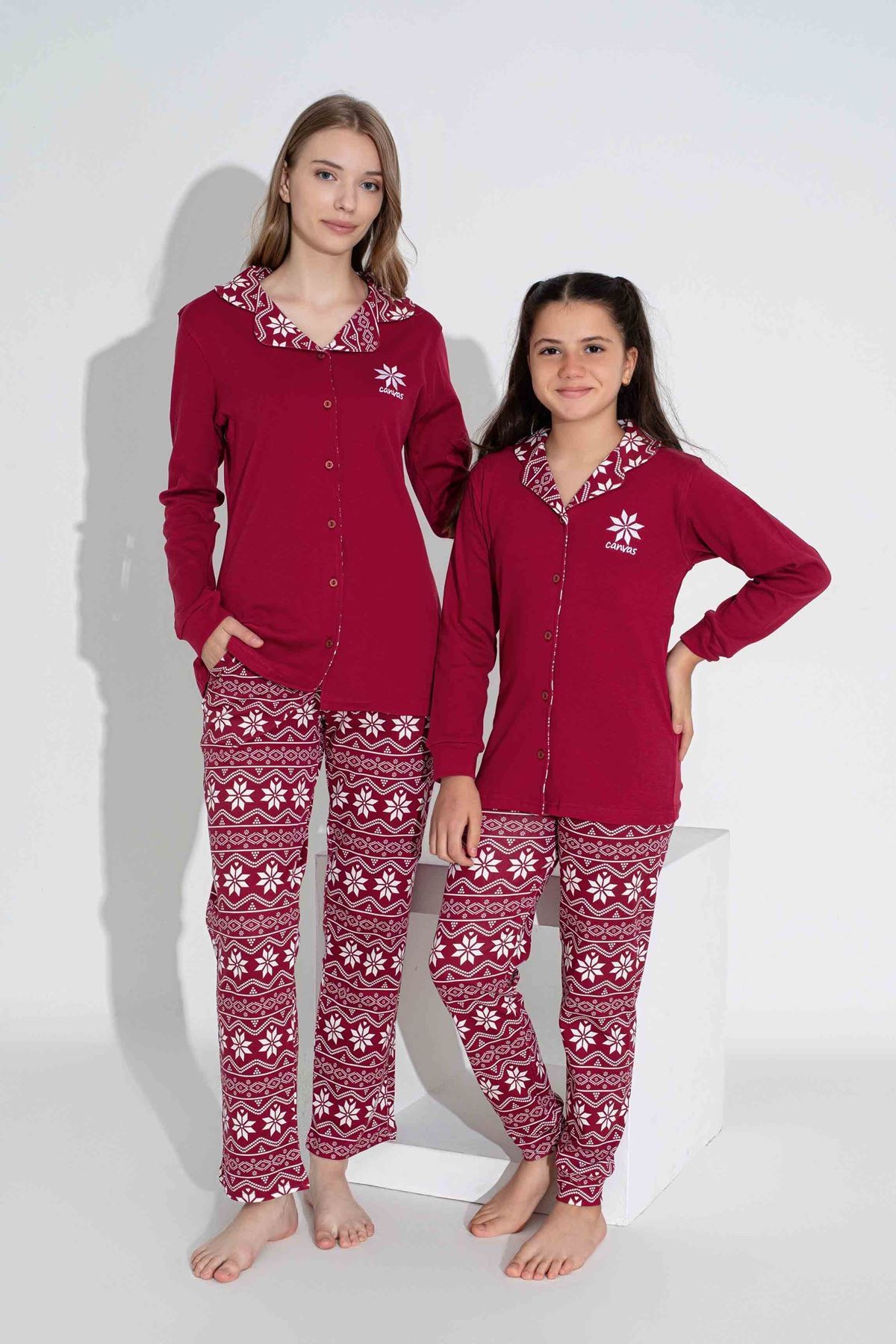 TARP Bordo Kar Taneli İnterlok Önden Düğmeli Anne Pijama Takımı 6410-B