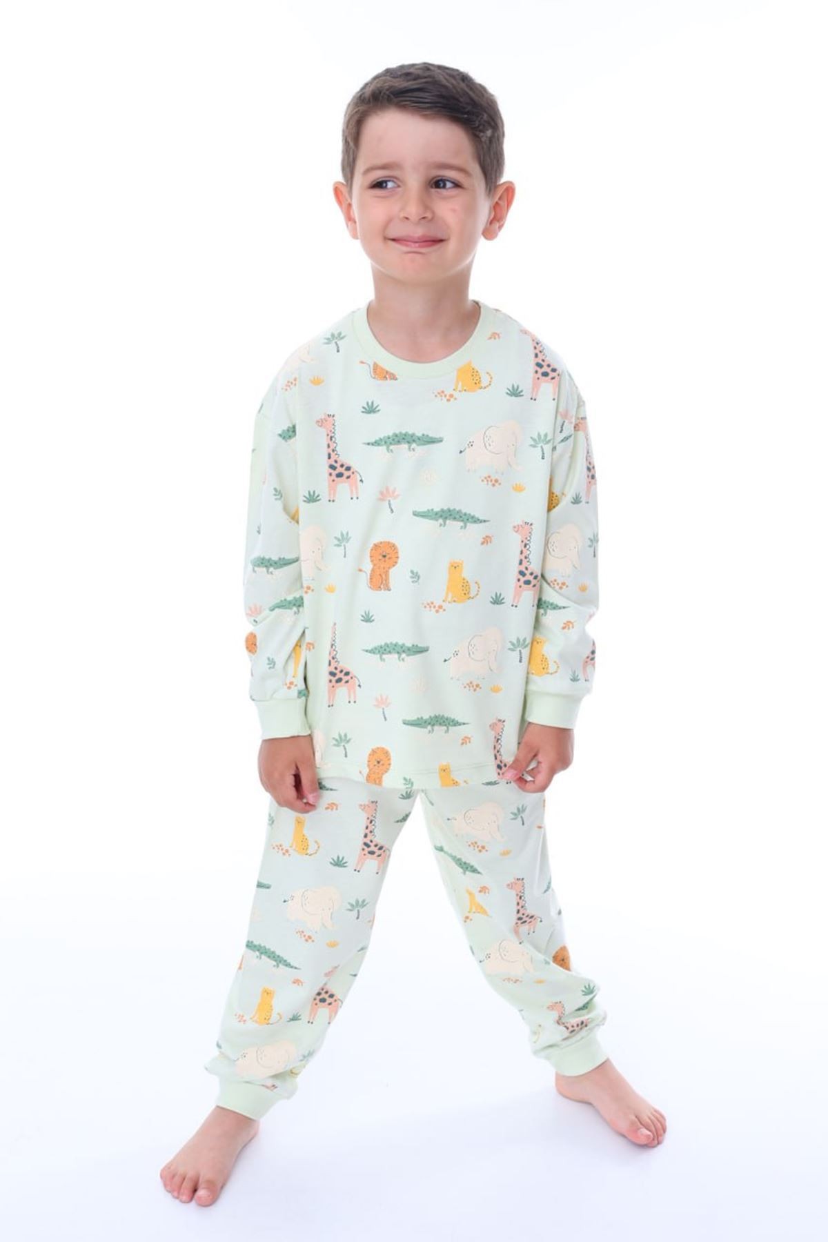 İSOB Su Yeşili Hayvanlar Alemi Desenli %100 Pamuk Unisex Çocuk Pijama Takımı 3-8 Yaş 32206-SY