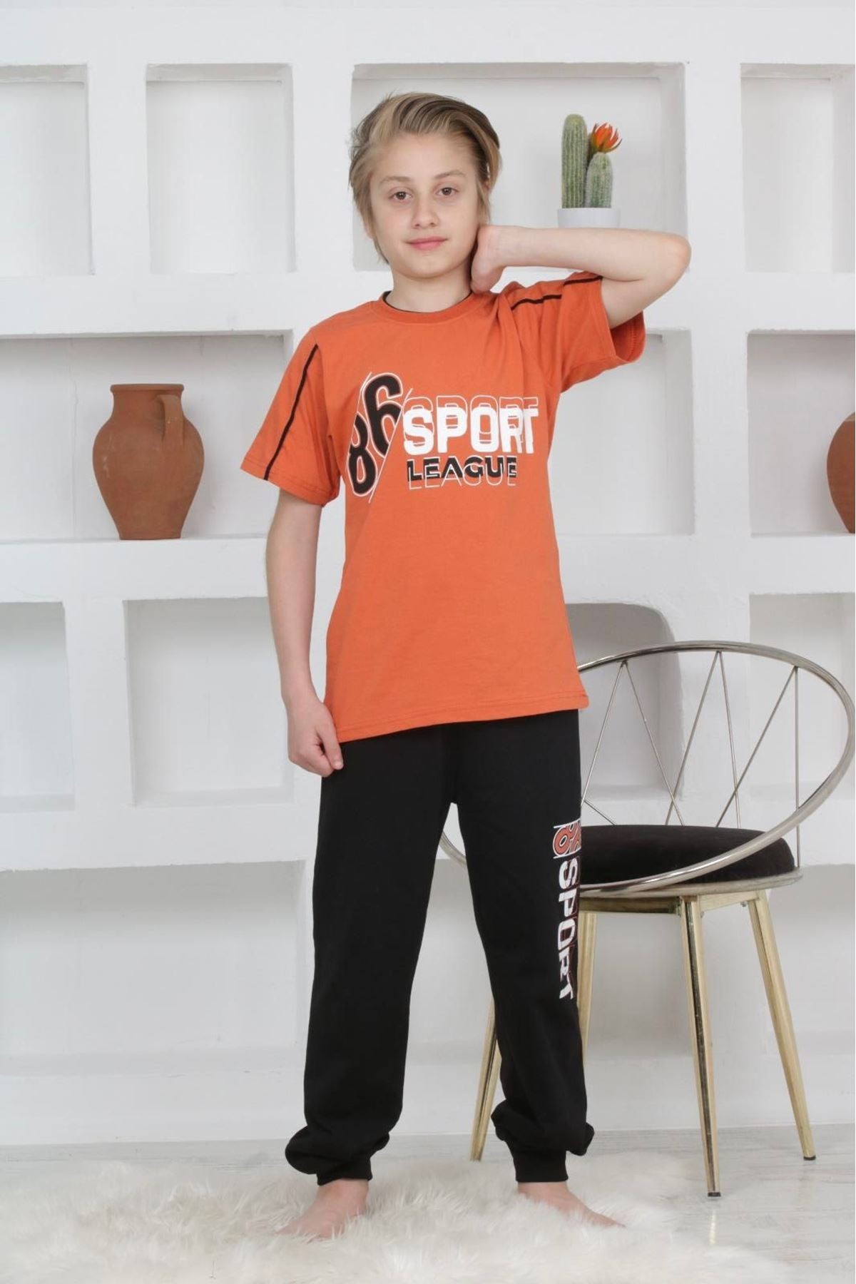 KAPİP Turuncu Sport Baskılı Kısa Kollu Erkek Çocuk Pijama Takımı 11-15 Yaş 5093-T
