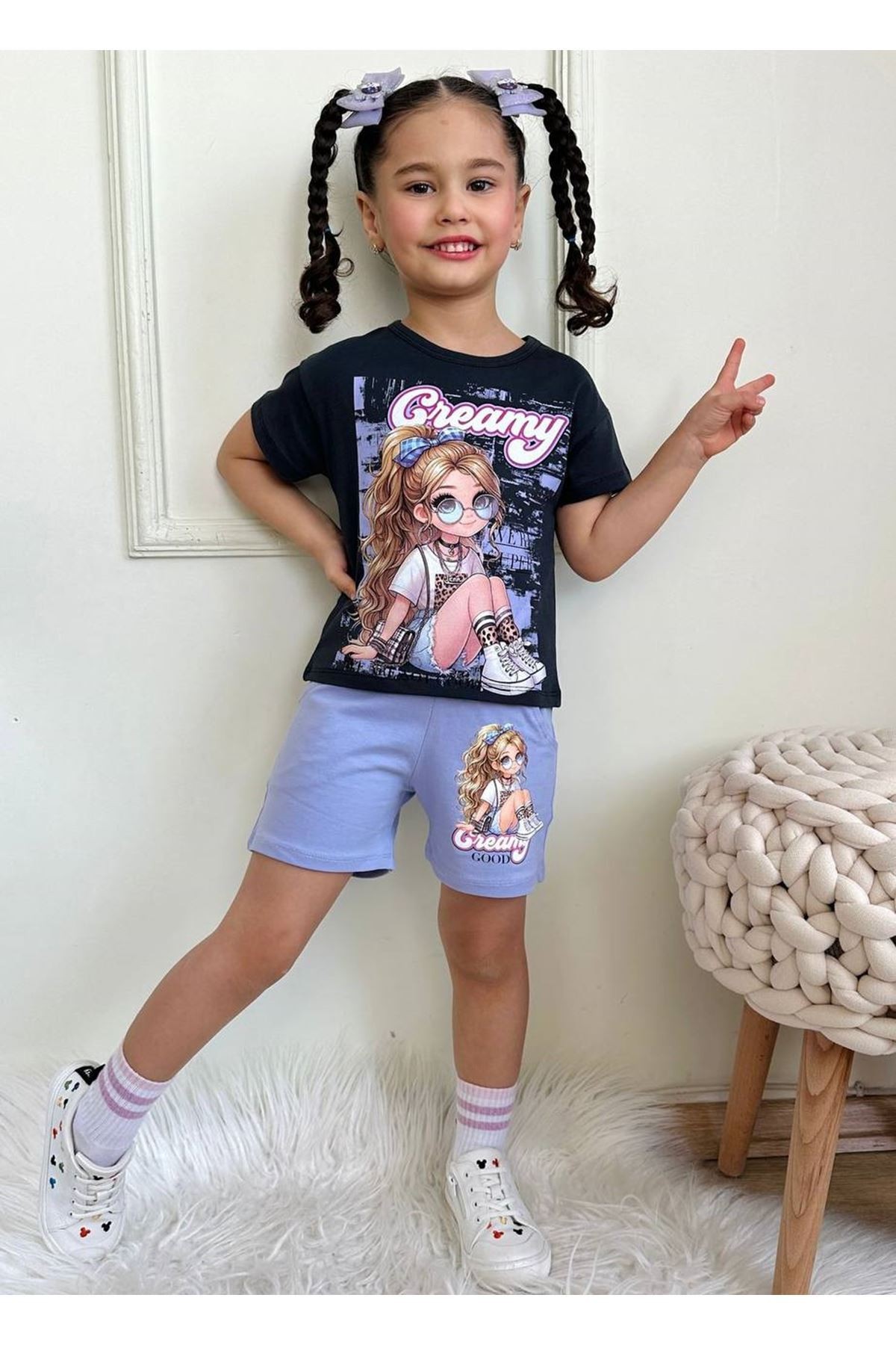 PJKSKT Creamy Desenli Lila Şortlu Kız Çocuk Kısa Kol Takım 7549-L