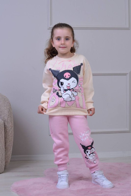 PJK3İ Kuromi Desenli 3 İp Şardonlu %100 Pamuk Kız Çocuk Eşofman Takımı 3-10 Yaş 8250 - PEMBE