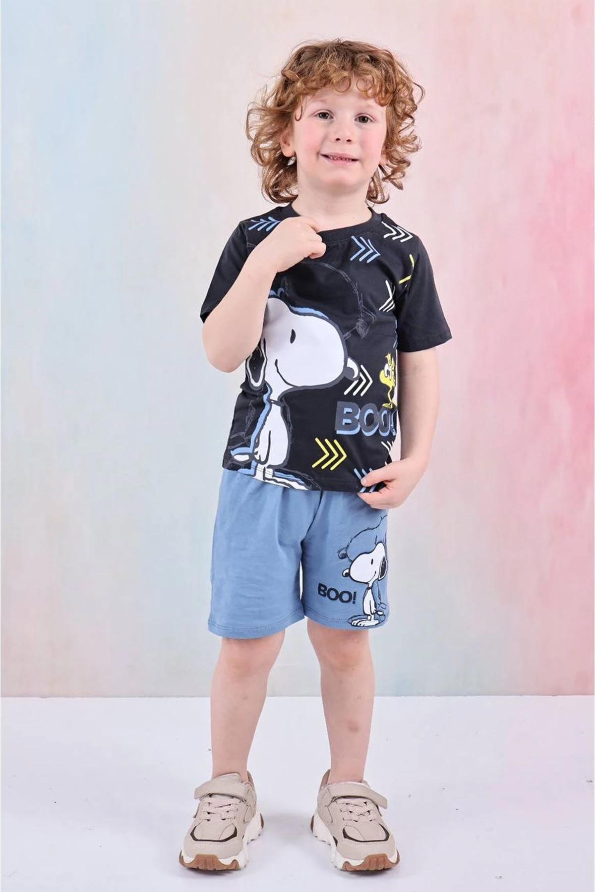 PJKSKT Snoopy Desenli Mavi Şortlu Erkek Çocuk Kısa Kol Takım 7603-M