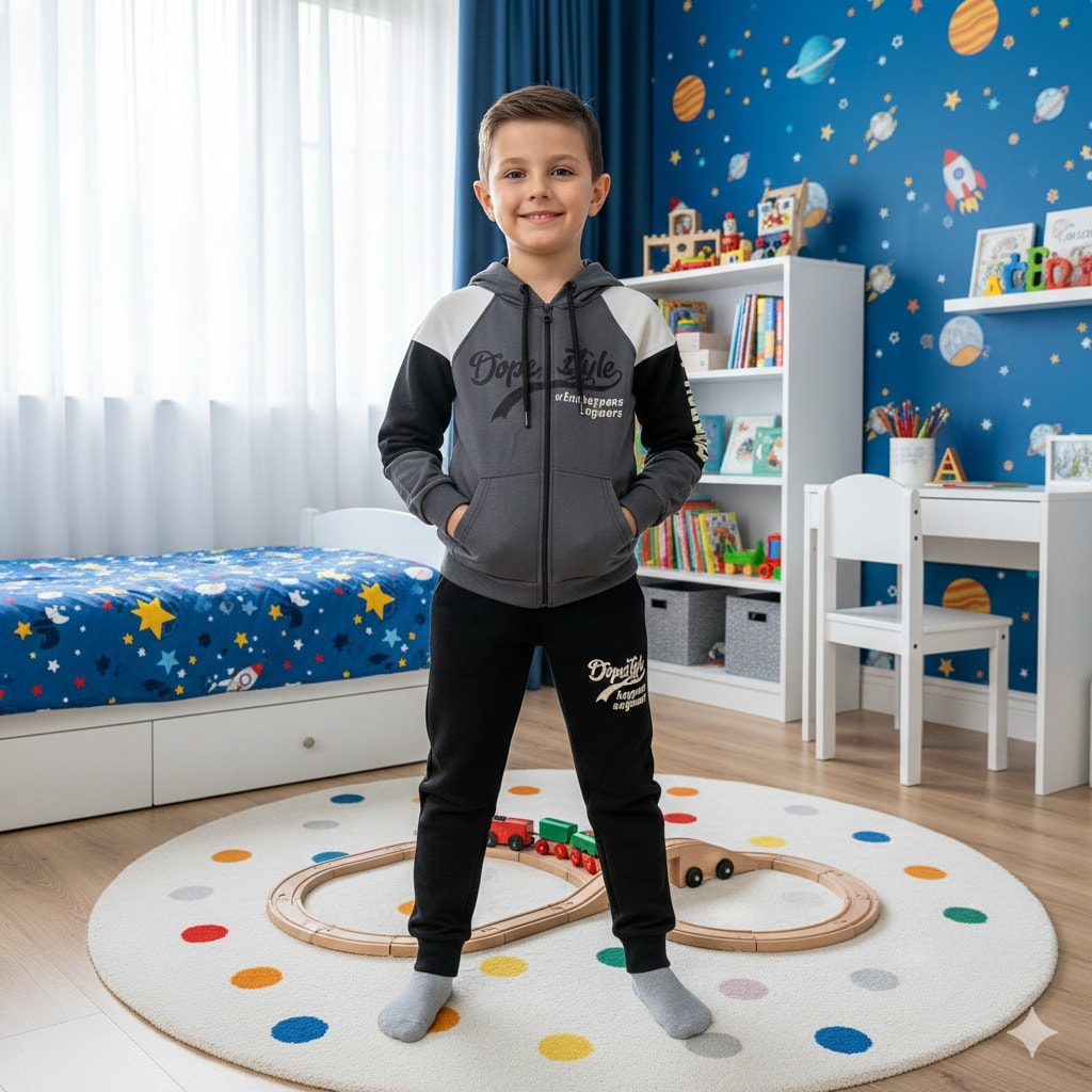YUKO2İ Dope Style Desenli 2 İp Kumaş Kapşonlu Erkek Çocuk Eşofman Takımı 9-16 Yaş 30027-40027 - GRİ