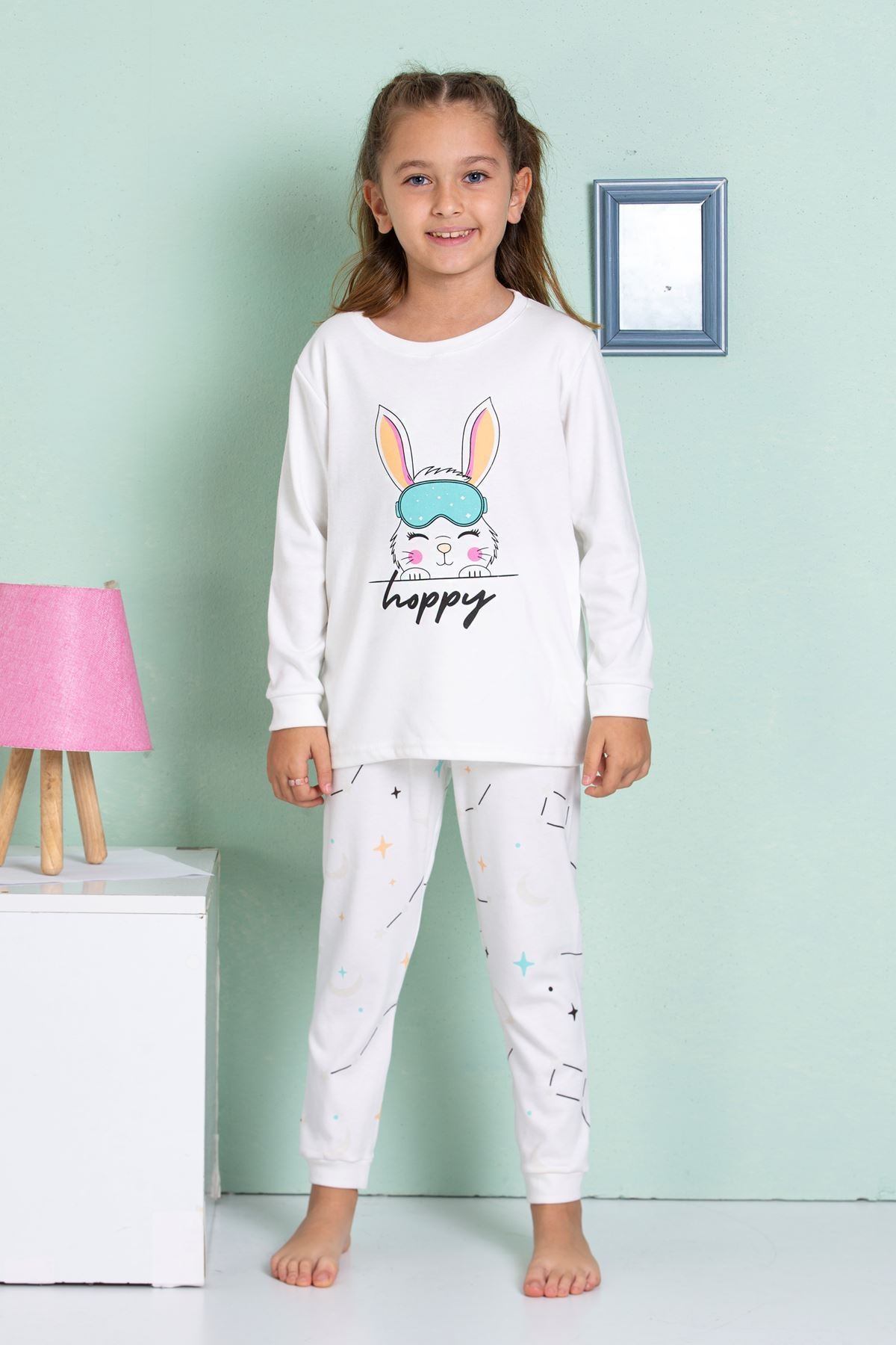ELMP Ekru Tavşan Desenli %100 Pamuk Kız Çocuk Pijama Takımı 1-13 Yaş 4069