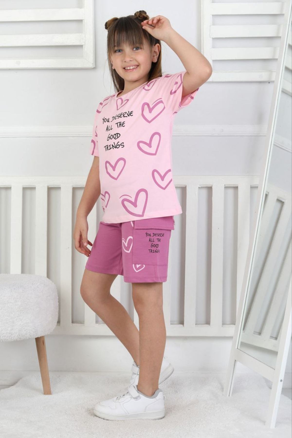 İSOB Pembe Kalp Desenli %100 Pamuk Kız Çocuk Kısa Kollu 2İp Şortlu Takım 3-8 Yaş 33105-P