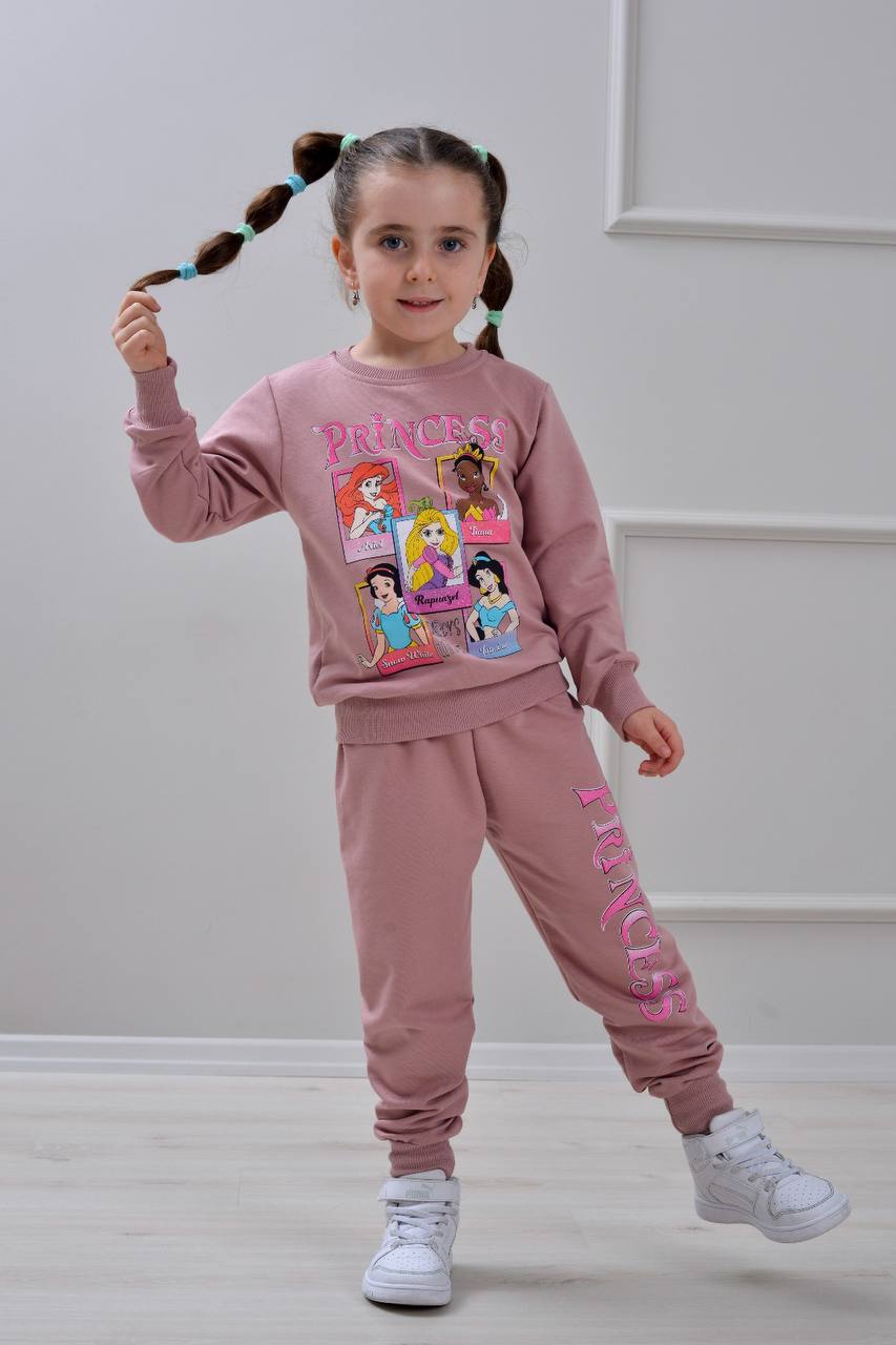 PJK2İ Prensesler Desenli 2 İp %100 Pamuk Kız Çocuk Eşofman Takımı 3-10 Yaş 6410 - GÜL KURUSU
