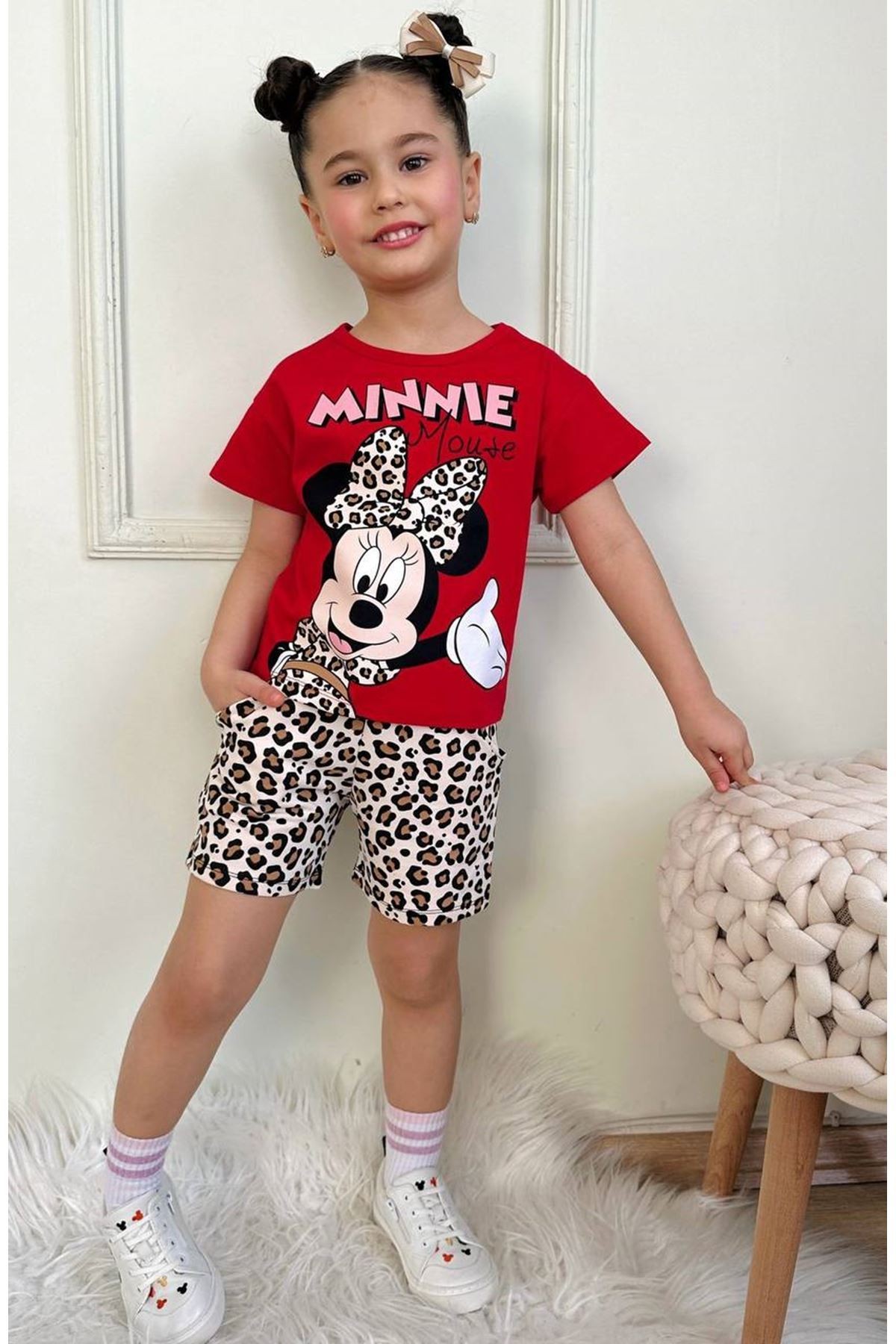 PJKSKT Minnie Mause Desenli Kırmızı Şortlu Kız Çocuk Kısa Kol Takım 7570-K