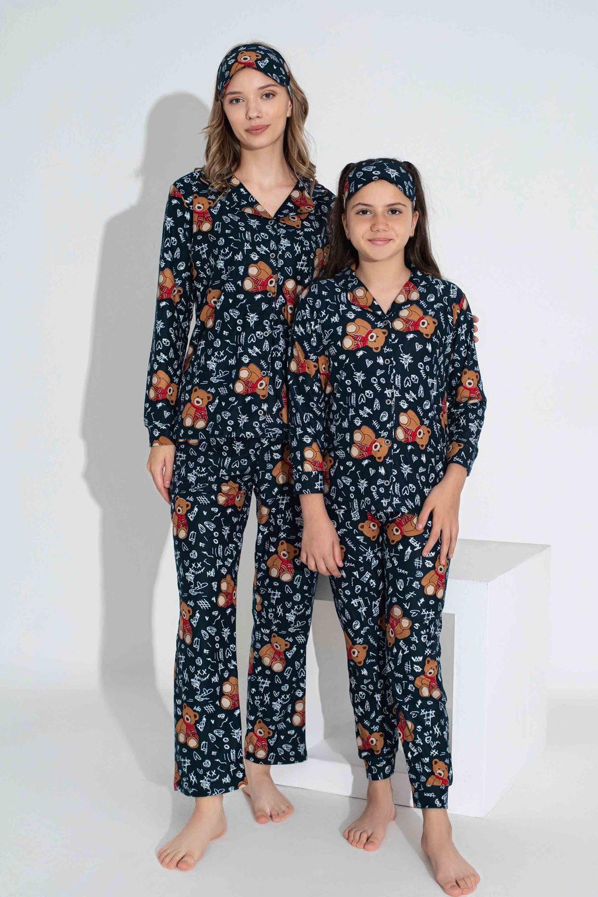 TARP Lacivert Süet Önden Düğmeli Kız Çocuk Pijama Takımı 5-15 Yaş 2723-2724-13-L