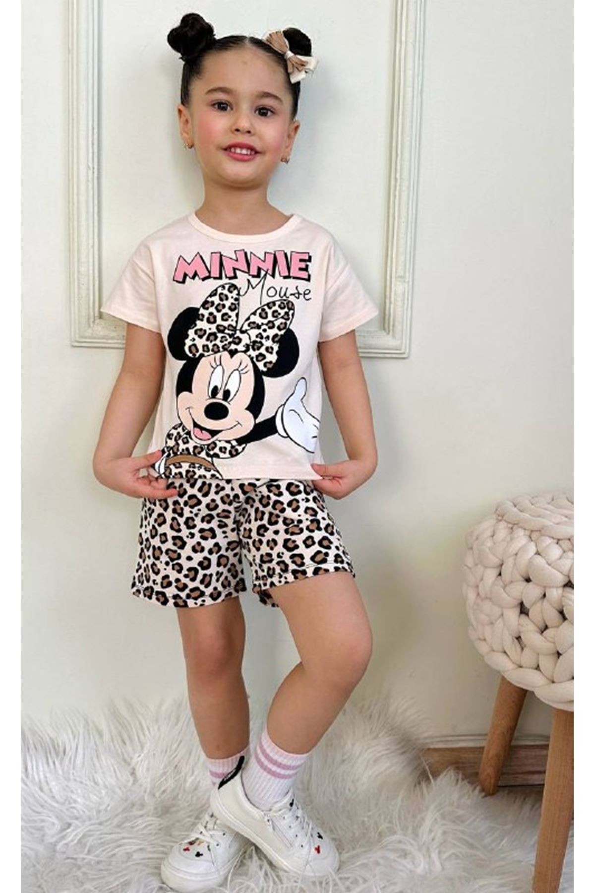 PJKSKT Minnie Mause Desenli Ekru Şortlu Kız Çocuk Kısa Kol Takım 7570-E