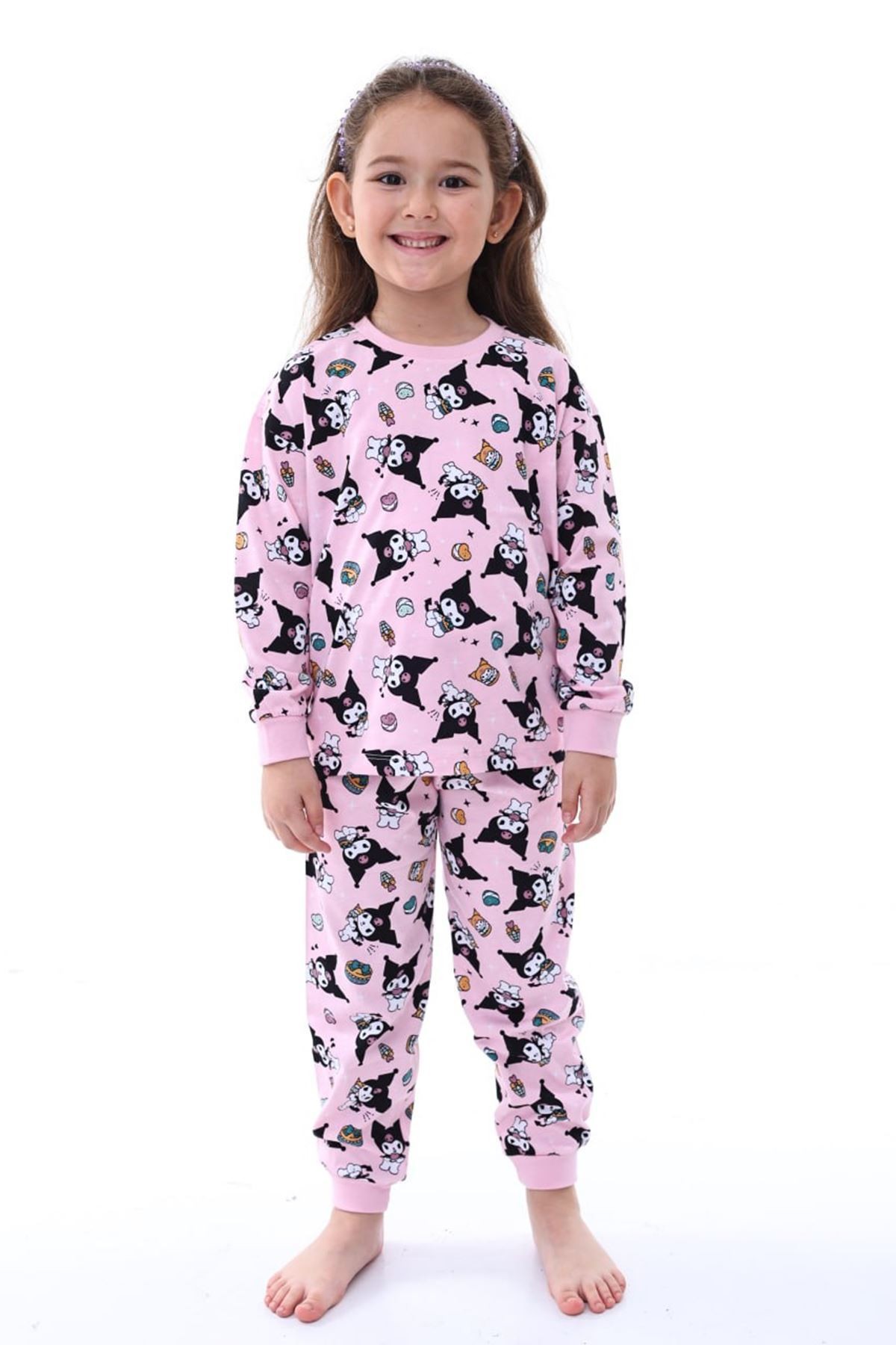 İSOB Pembe Kuromi Desenli %100 Pamuk Kız Çocuk Pijama Takımı 3-8 Yaş 31228-P