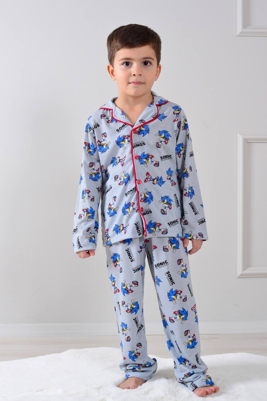 PJKÖ Sonic Desenli Gri Uzun Kollu Önden Düğmeli Erkek Çocuk Pijama Takımı 4-12 Yaş 501U