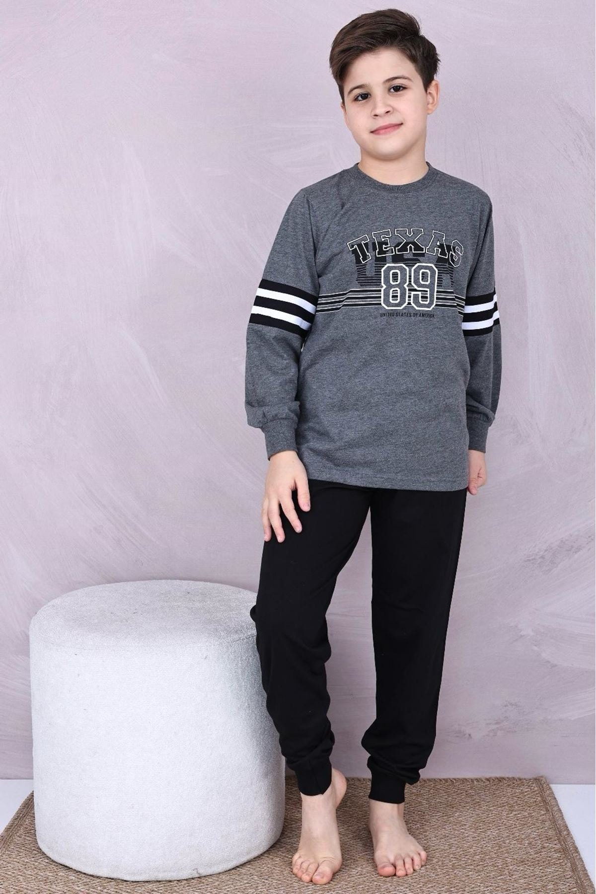 KAPİP Füme Texas Baskılı Uzun Kollu Erkek Çocuk Pijama Takımı 11-15 Yaş 7015-F