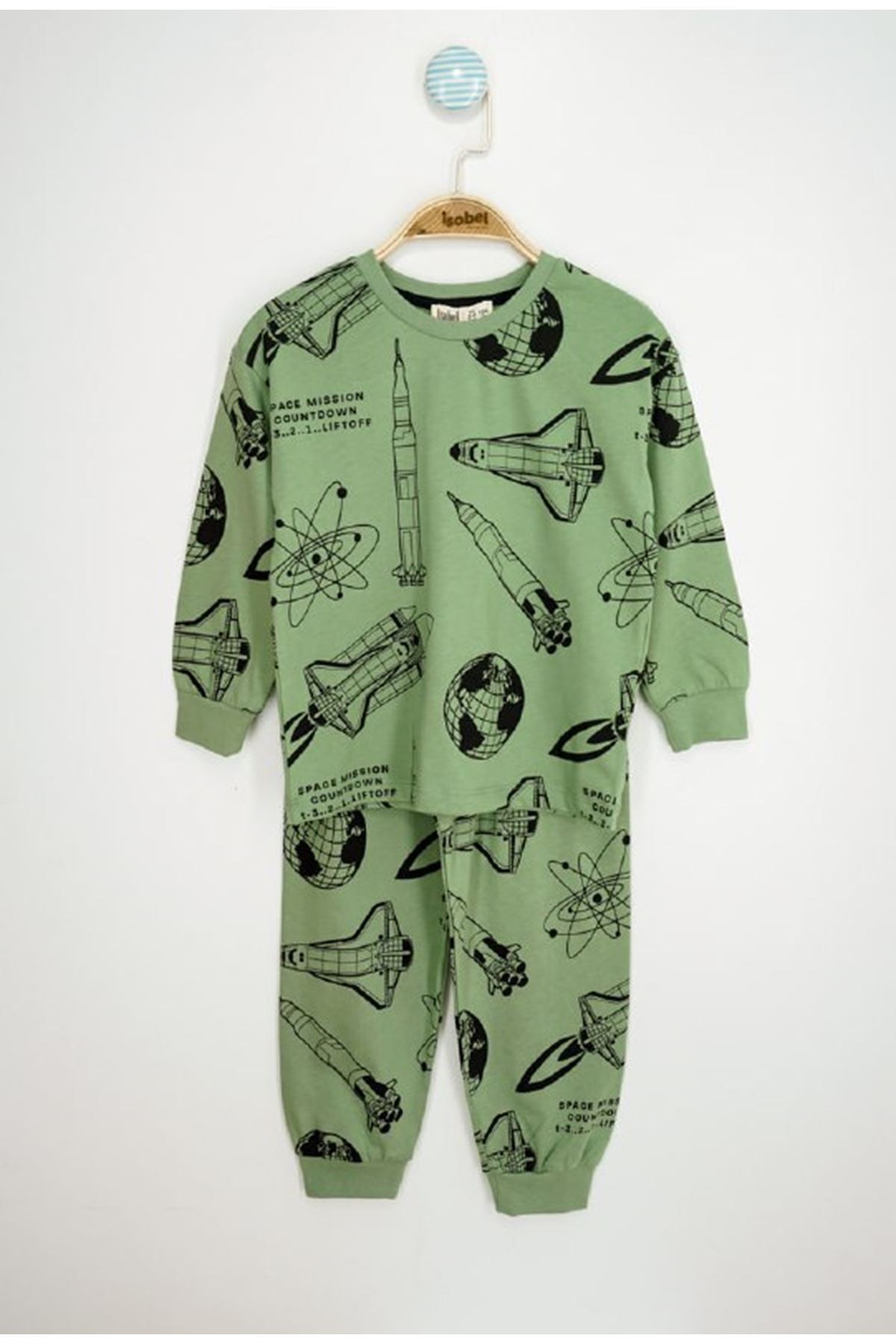 İSOB Yeşil Uzay Desenli %100 Pamuk Erkek Çocuk Pijama Takımı 3-8 Yaş 32215-Y