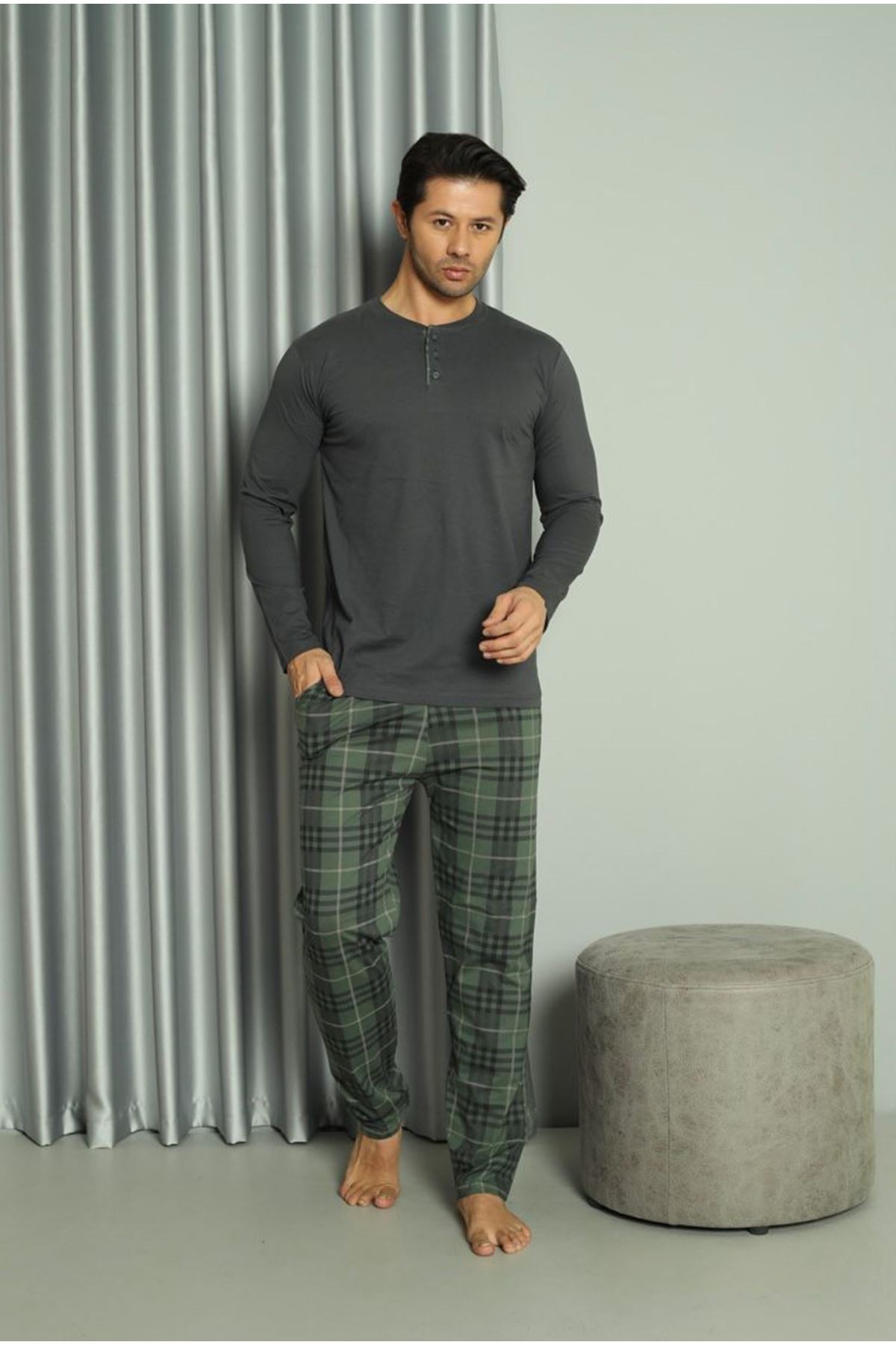IŞILAY Füme-Yeşil Önden 3 Düğmeli Ekose Pijamalı Yazlık Uzun Kollu Erkek Pijama Takımı 16586-F