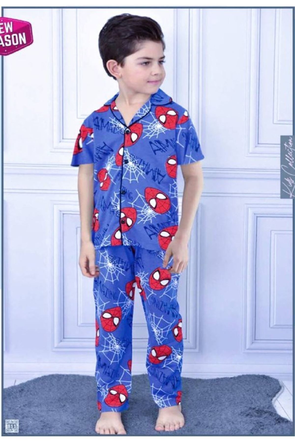 PJKÖ Örümcek Adam Desenli Mavi Kısa Kollu Önden Düğmeli Erkek Çocuk Pijama Takımı 4-12 Yaş 709K