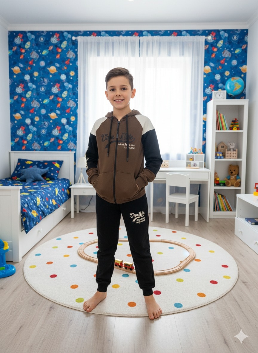 YUKO2İ Dope Style Desenli 2 İp Kumaş Kapşonlu Erkek Çocuk Eşofman Takımı 9-16 Yaş 30027-40027 - KAHVERENGİ