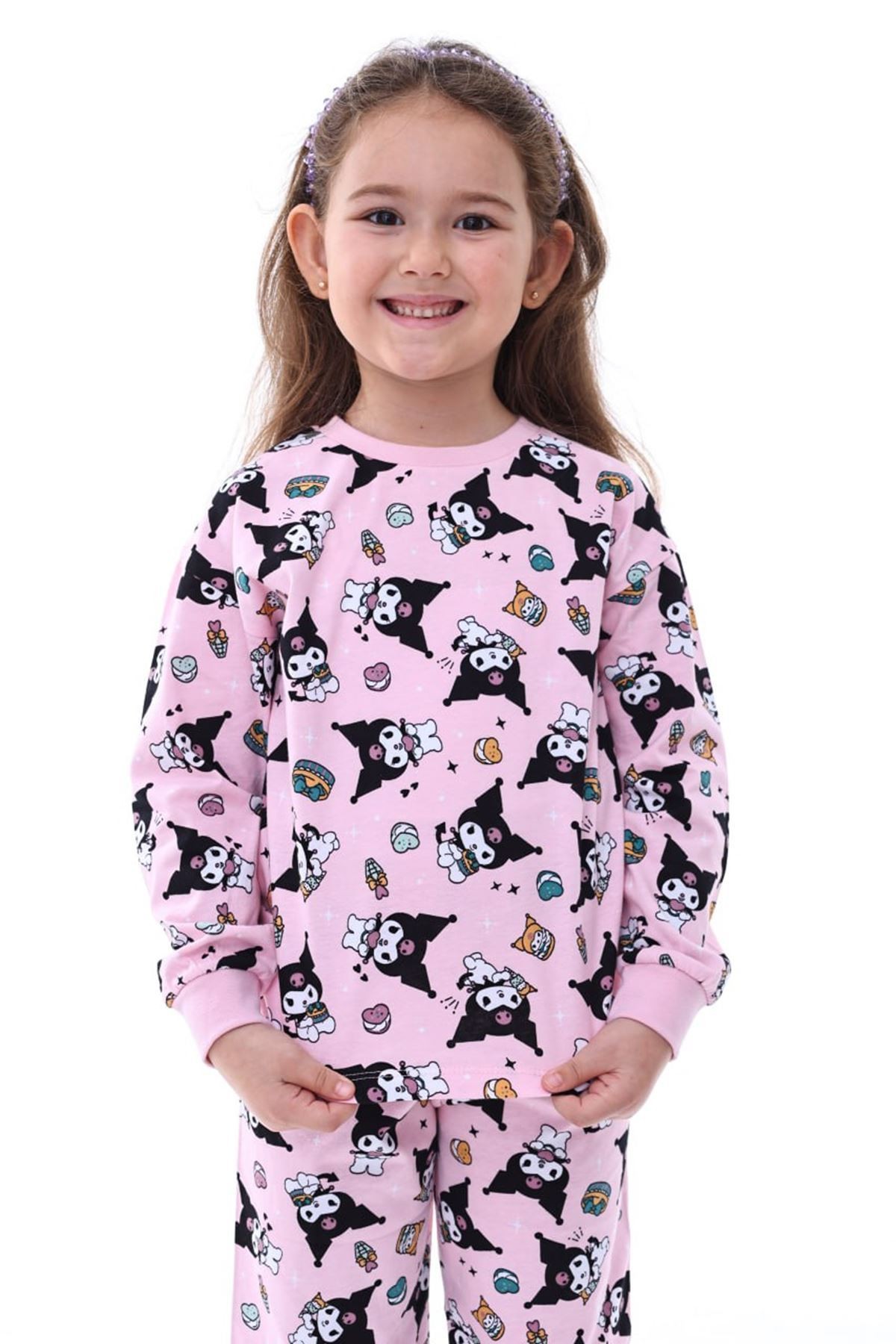 İSOB Pembe Kuromi Desenli %100 Pamuk Kız Çocuk Pijama Takımı 3-8 Yaş 31228-P
