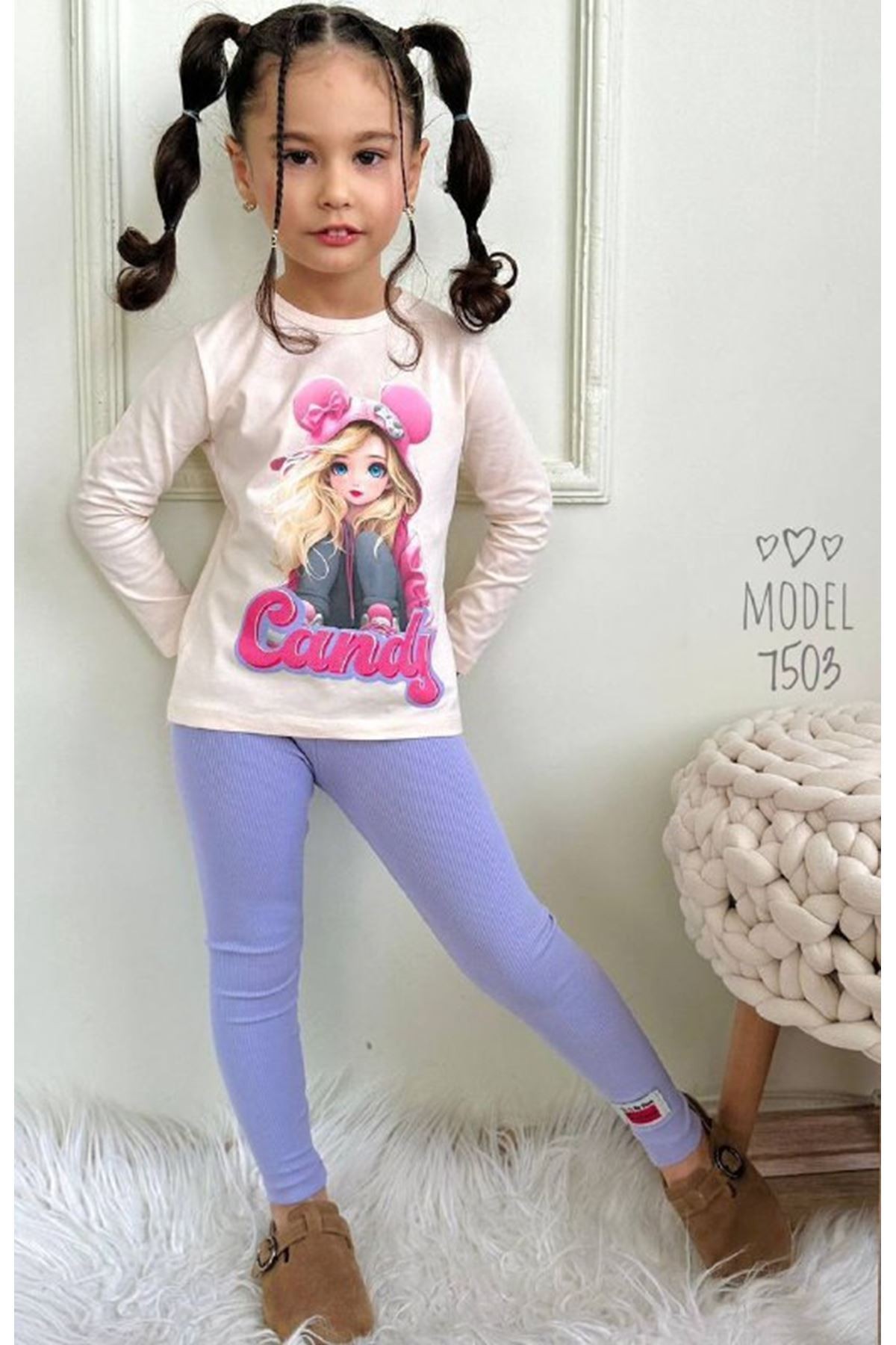 PJKT Candy Kız Desenli Lila Penyeli Taytlı Kız Çocuk Takımı 3-10 Yaş 7503-L