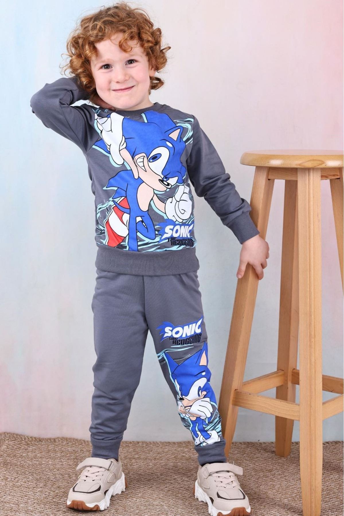 PJK2İ Sonic Desenli Füme 2 İp %100 Pamuk Erkek Çocuk Eşofman Takımı 3-10 Yaş 7429-F