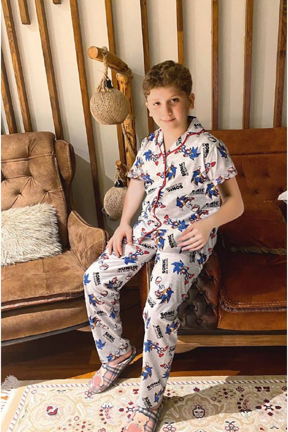 PJKÖ Sonic Desenli Gri Kısa Kollu Önden Düğmeli Erkek Çocuk Pijama Takımı 4-12 Yaş 0603K