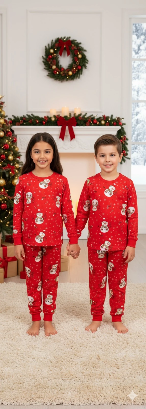 İSOB Kırmızı Yeni Yıl Desenli %100 Pamuk Kız ve Erkek Çocuk Pijama Takımı 3-13 Yaş 42228-K